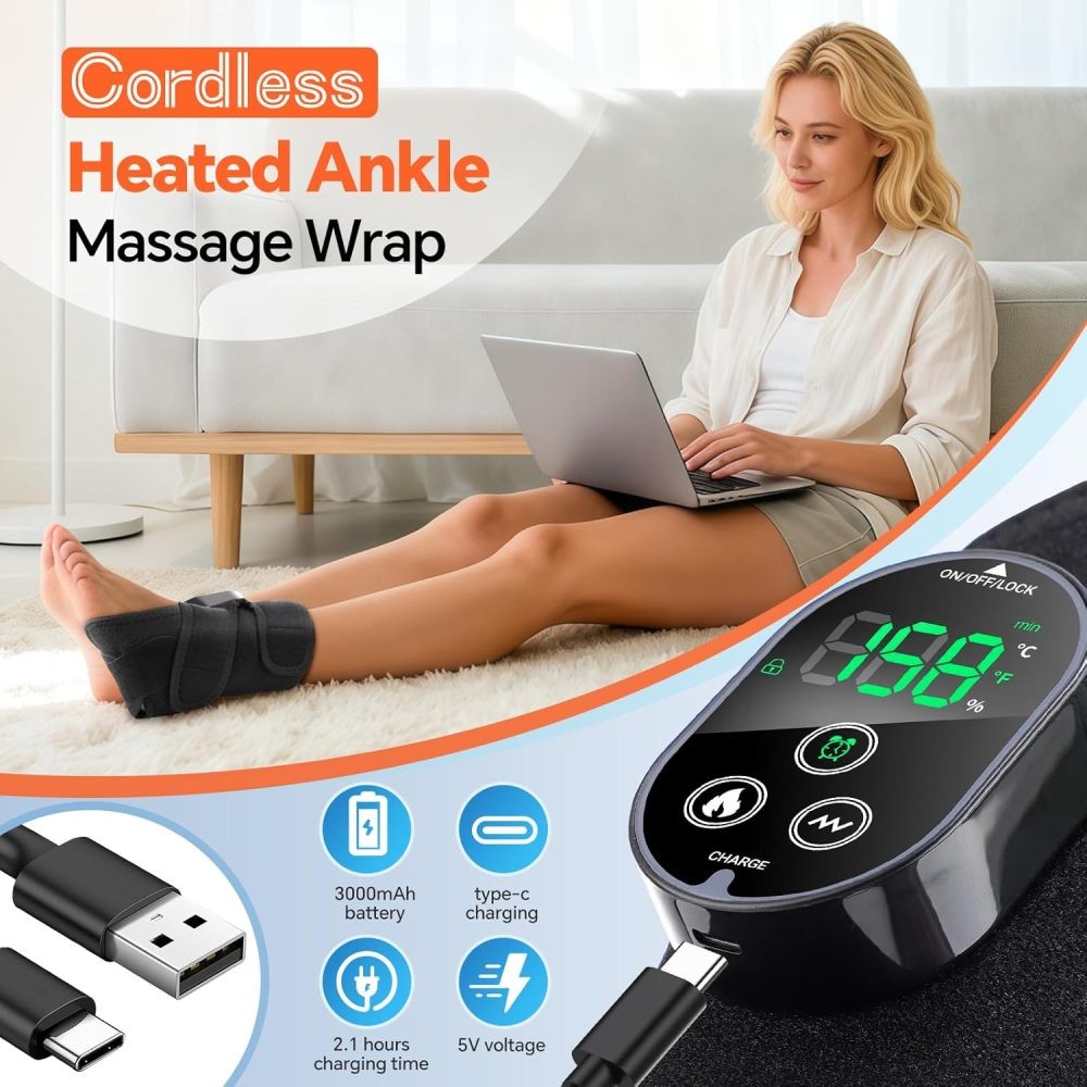 Electric Foot Ankle Massager Pain Relief with 6 Heat Levels, 3 Vibration Modes