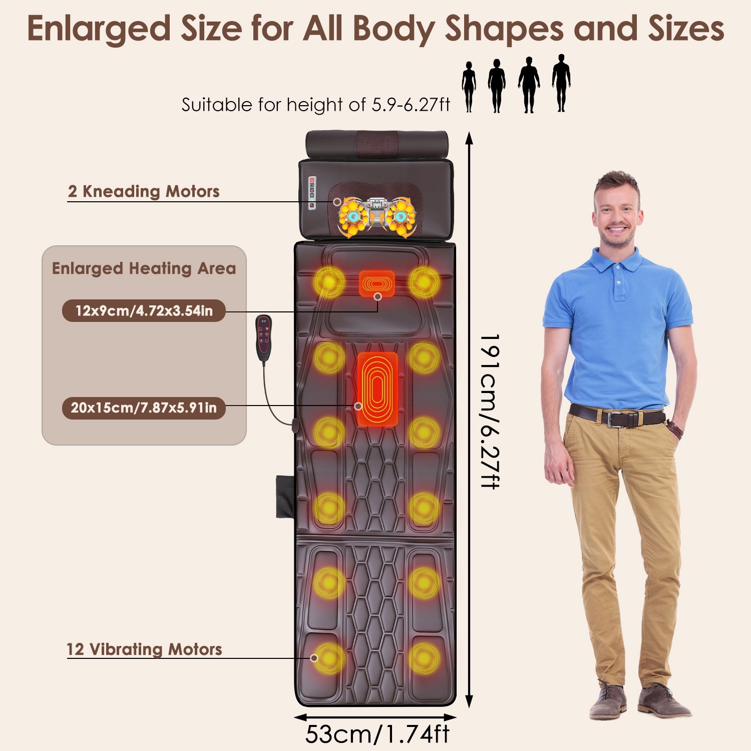PU Leather Full Body Heating Massage Mat with Anti-Slip Bottom for Stress Relief