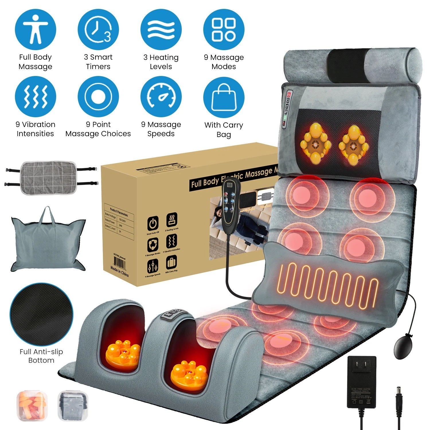 Full Body Electric Massage Mat with Heat Vibration Detachable Lumbar Head Pillow