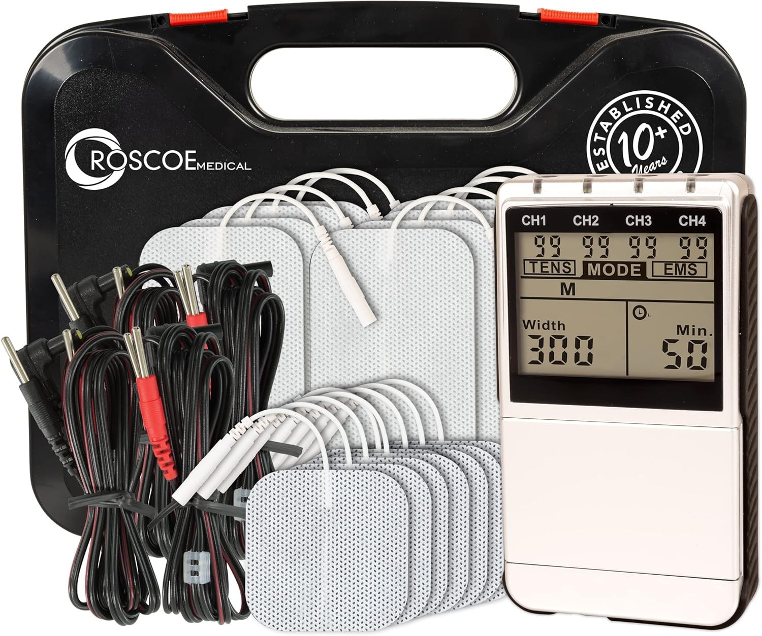 Roscoe Medical TENS EMS Muscle Stimulator 4 Channel for Pain Relief & Recovery