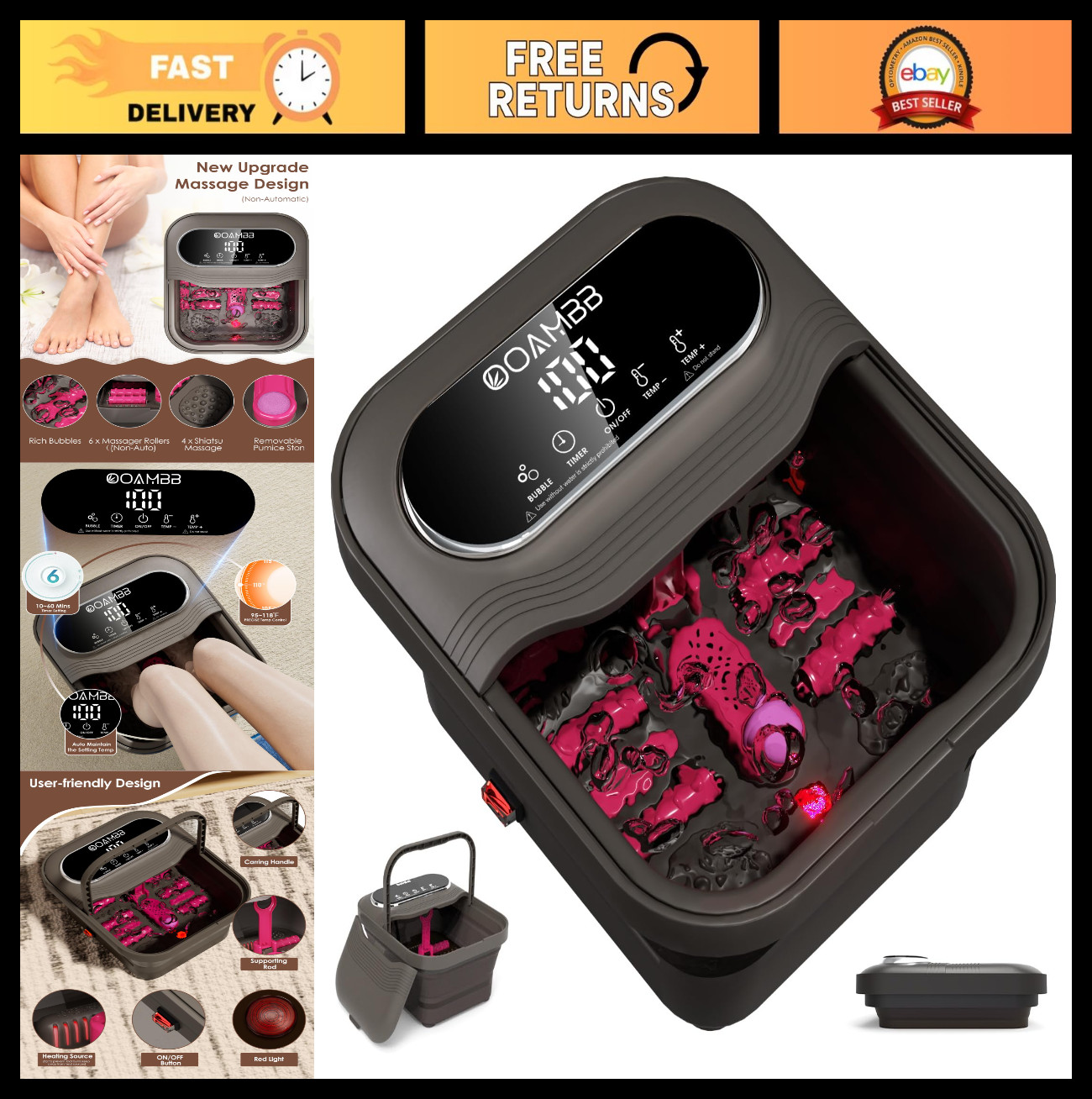 Collapsible Foot Spa with Heat & Bubbles, Temp Control, XL Touch Screen, Massage