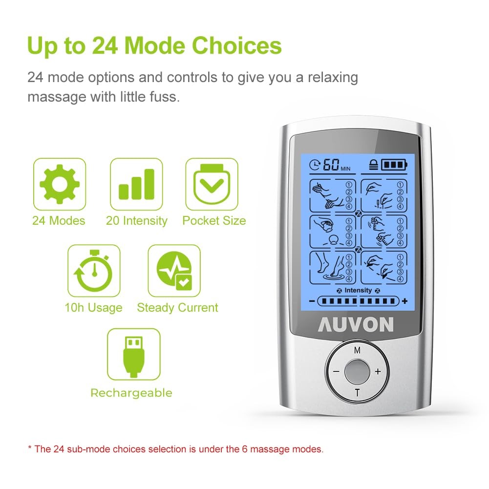 AUVON Rechargeable TENS Unit Muscle Stimulator, 24 16 Piece Set, A-silver