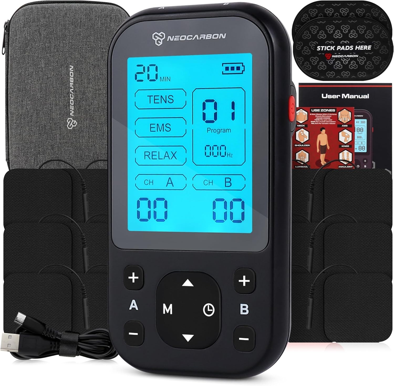 Neocarbon TENS EMS Muscle Stimulator for Pain Relief Physical Therapy Black