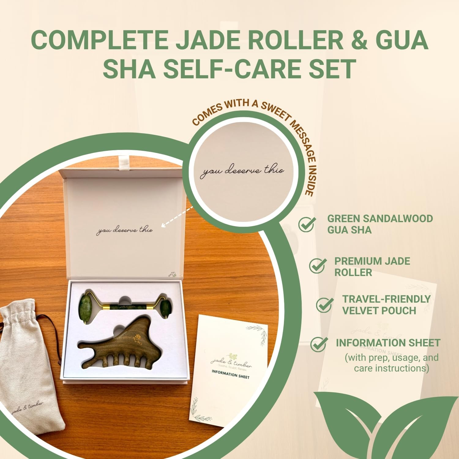 Jade Roller & Green Sandalwood Gua Sha Set – Facial Massage Tools for Lymphatic