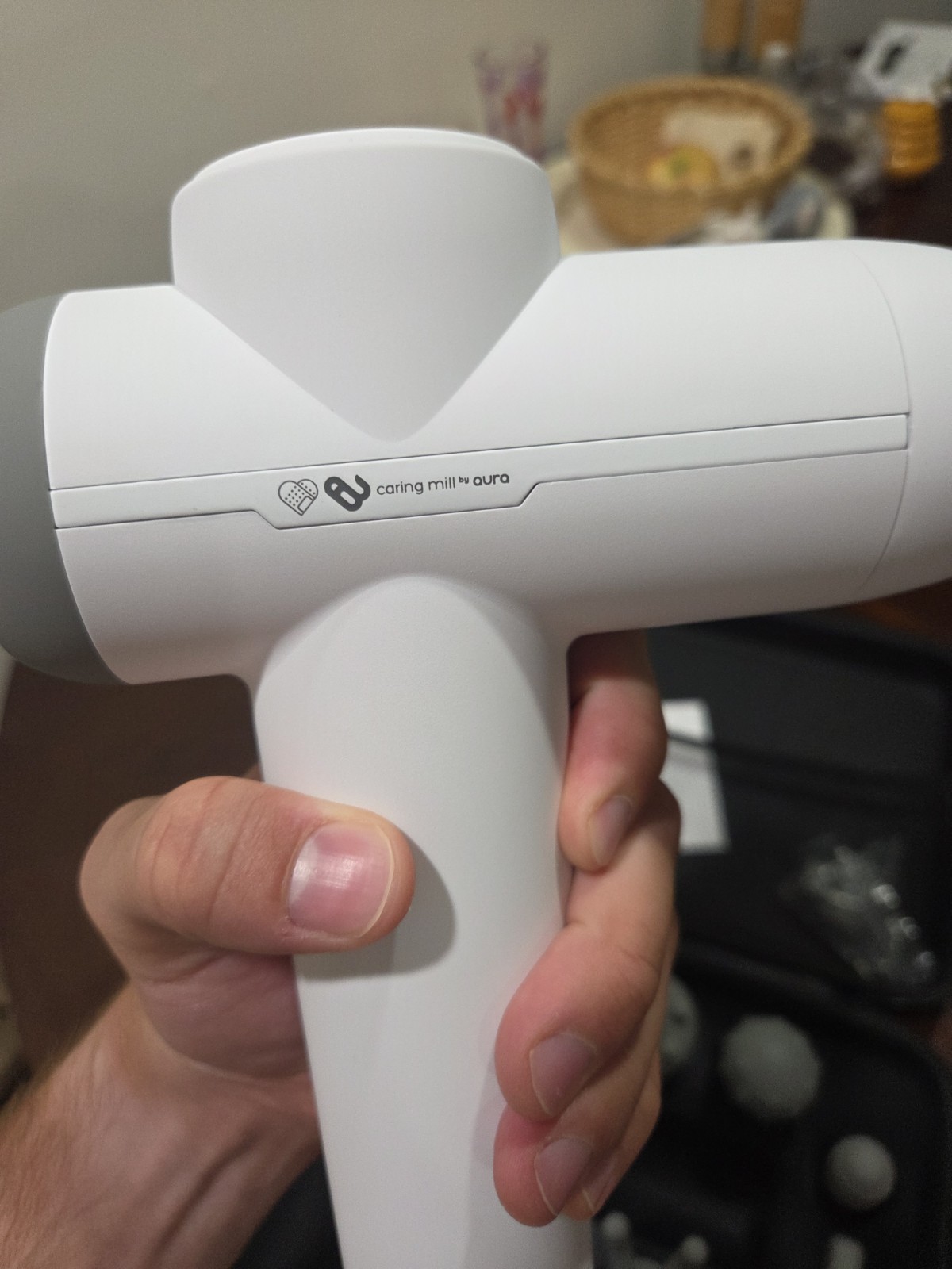 Aura Caring Mill Rechargeable Percussion Massage Gun 6 Heads Case Charger White