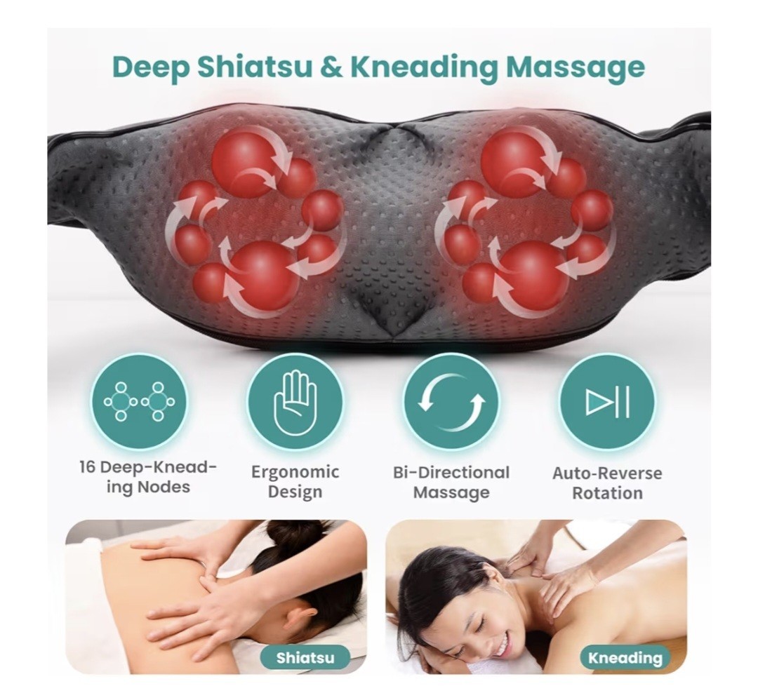 Nekteck Shiatsu Heated Massager, 16 Heads, Neck Shoulder Back Ergonomic