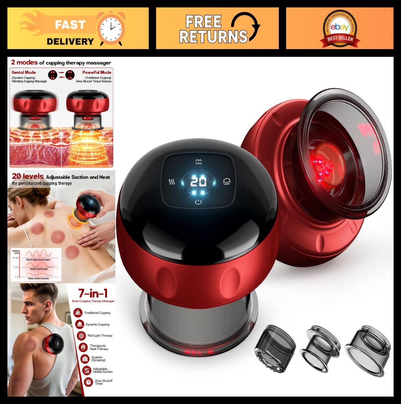 2 Pack Cupping Therapy Set – 7-in-1 Massager, Red Light, 20 Levels Suction & Hea