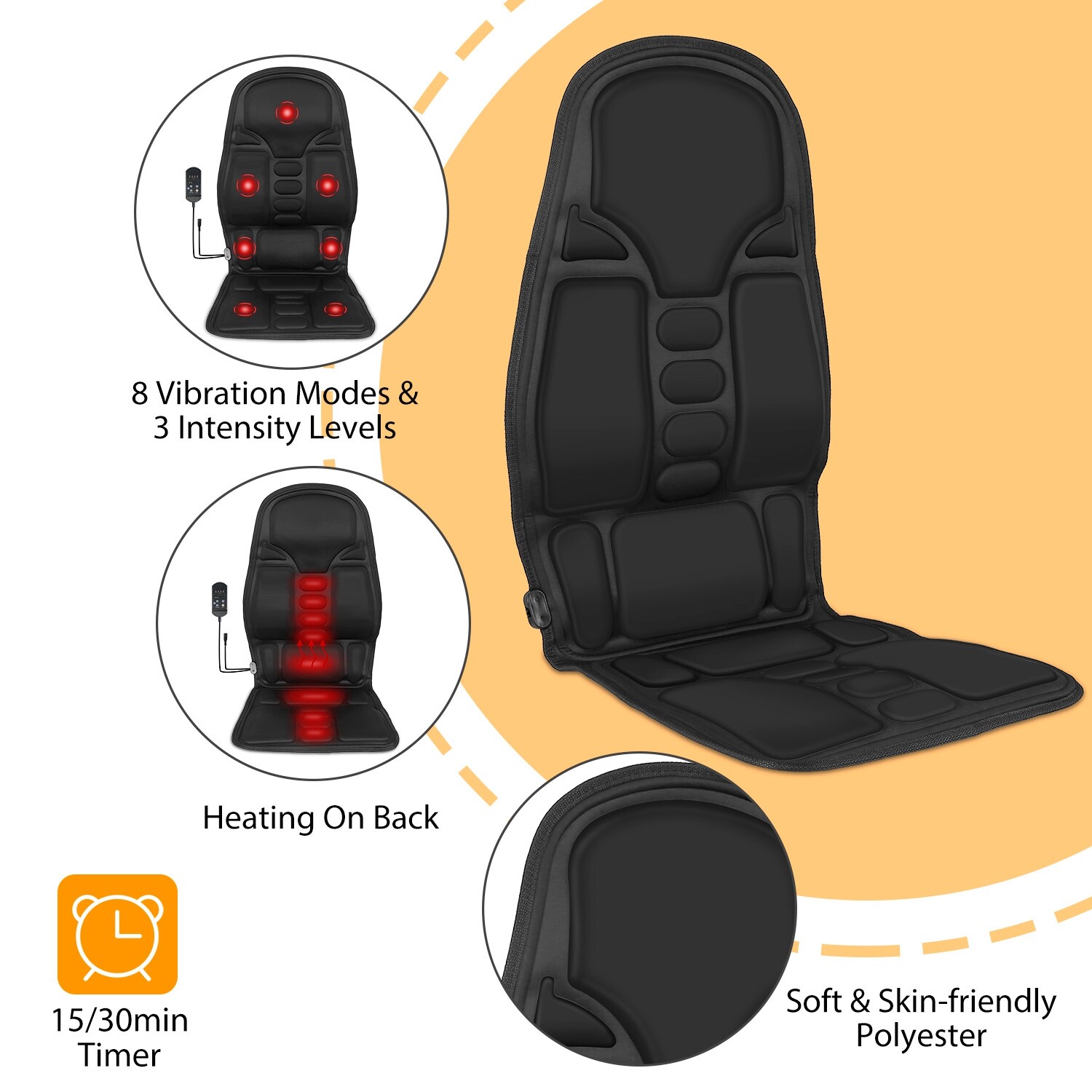 8 Mode Massage Seat Cushion Heated Back Neck Massager Body Chair Pad 3 Intensity