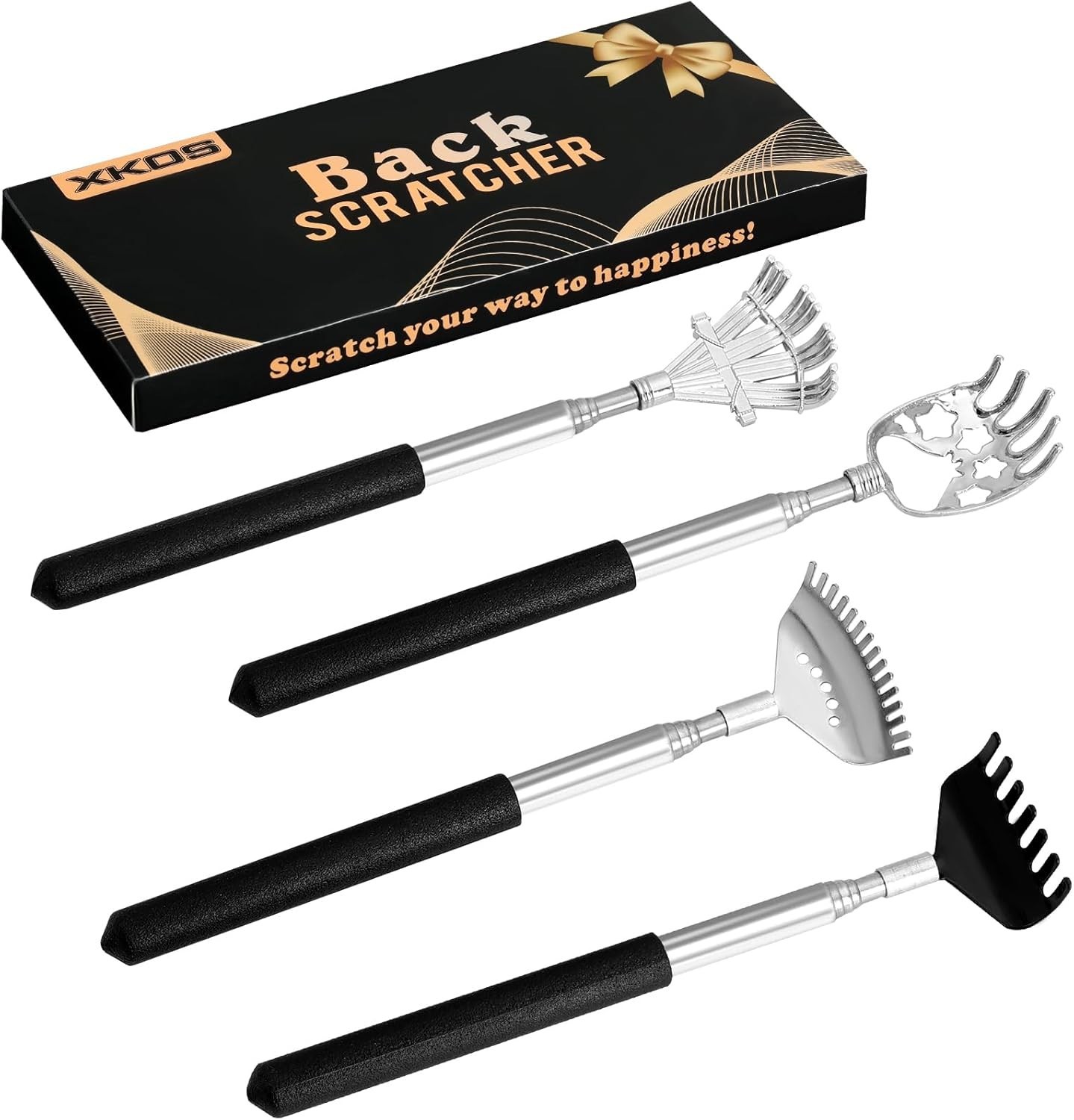 XKOS 4-Pack Telescoping Back Scratcher with Rubber Handles & Box Black