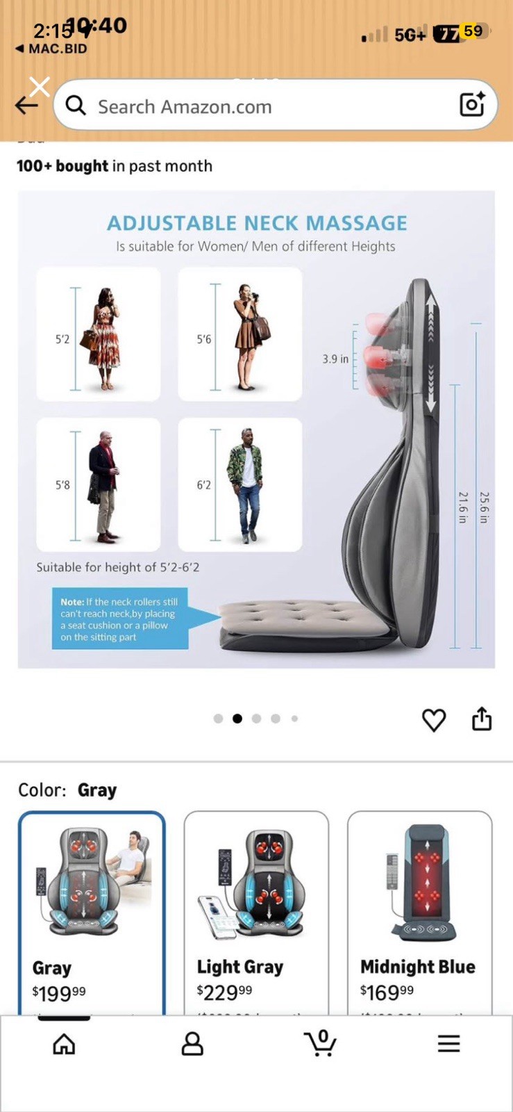Mynt Shiatsu Massage Cushion for Neck & Back w/ Heat Remote, Gray