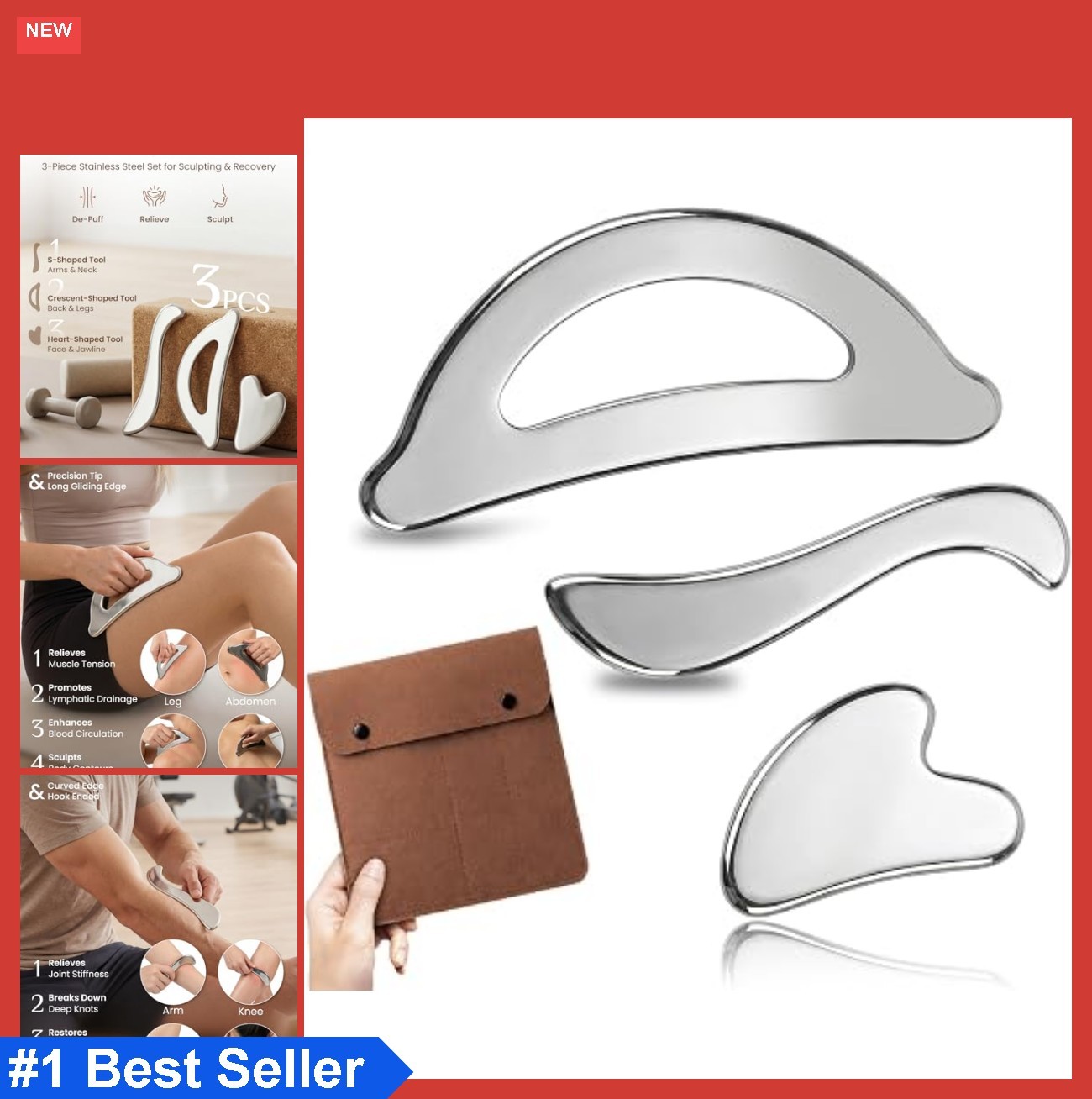 Gua Sha Muscle Scraper Tool Set Stainless Steel Face Body Massage Lymphatic