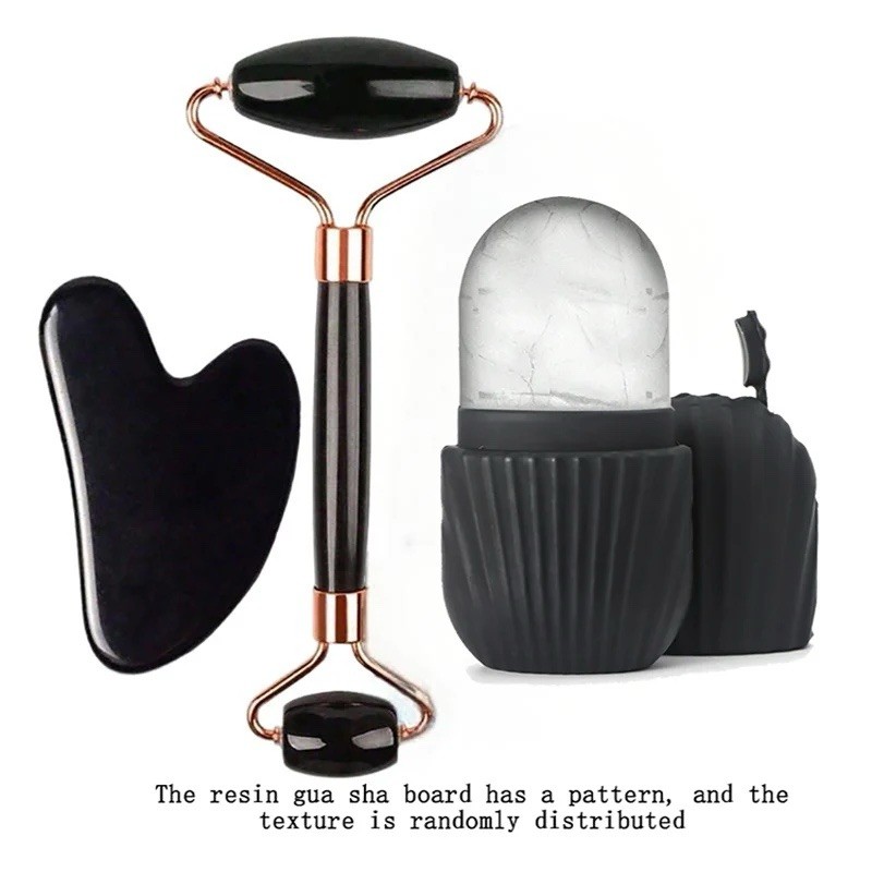 Black Gua Sha Tool Set w/ Facial Roller, Manual Handheld, Resin & Steel