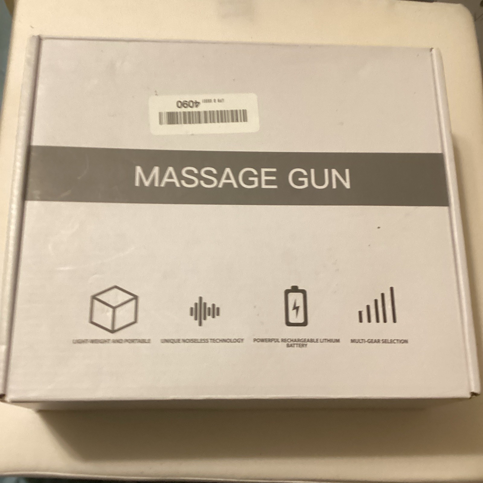 Percussion Massage Gun, Cordless Rechargeable, 4 Heads, White, 6Hr, 110V