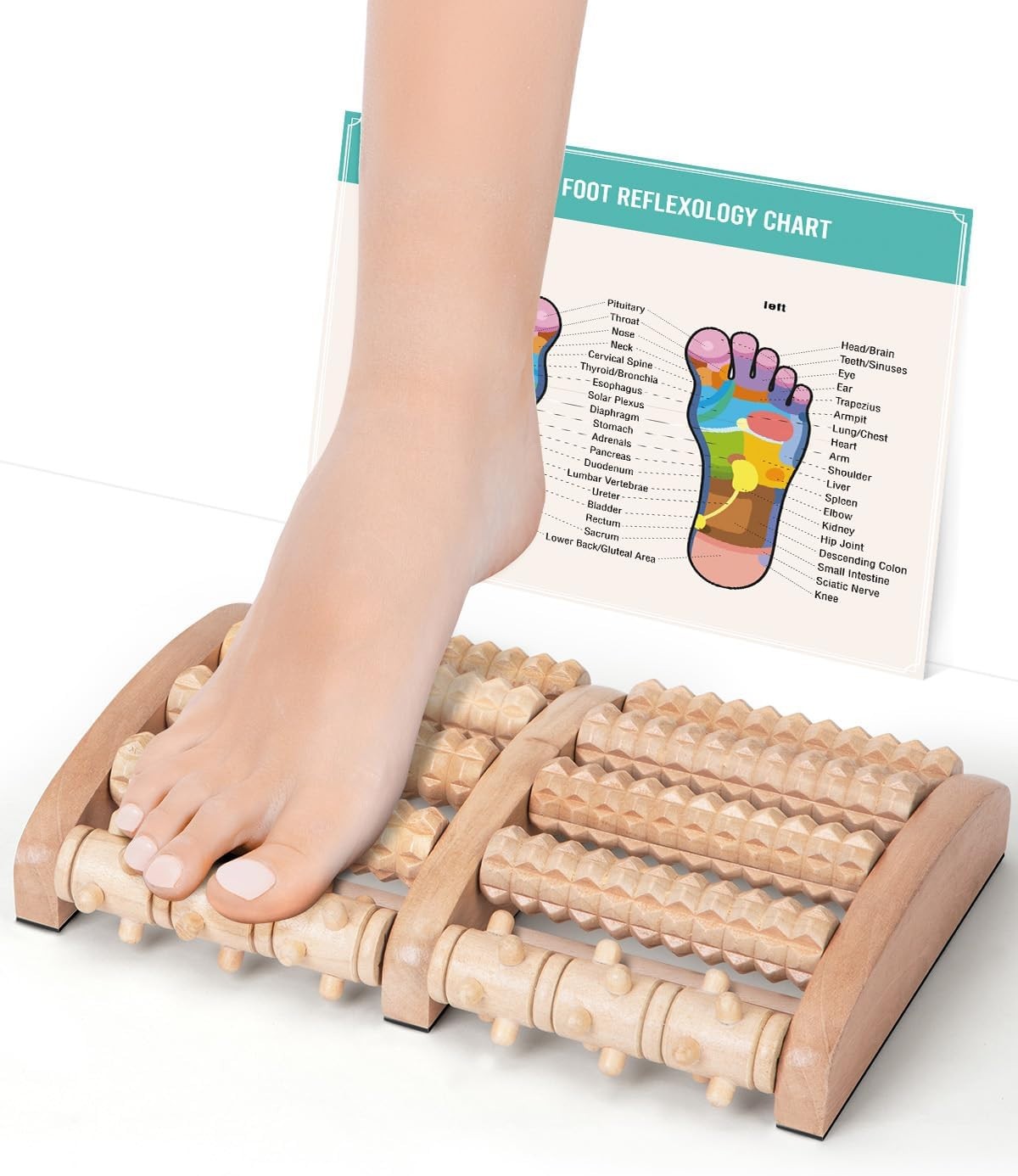 New Wooden Roller Foot Massager Dual Rollers Boxed Gift Reflexology Chart