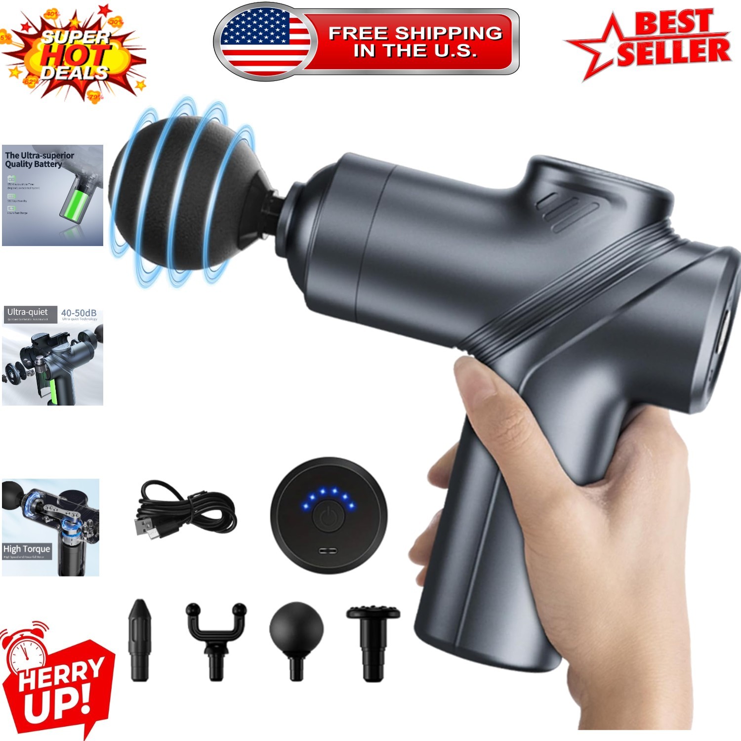 Portable Deep Tissue Massage Gun with Silent Motor & 4 Heads for Muscle Relief