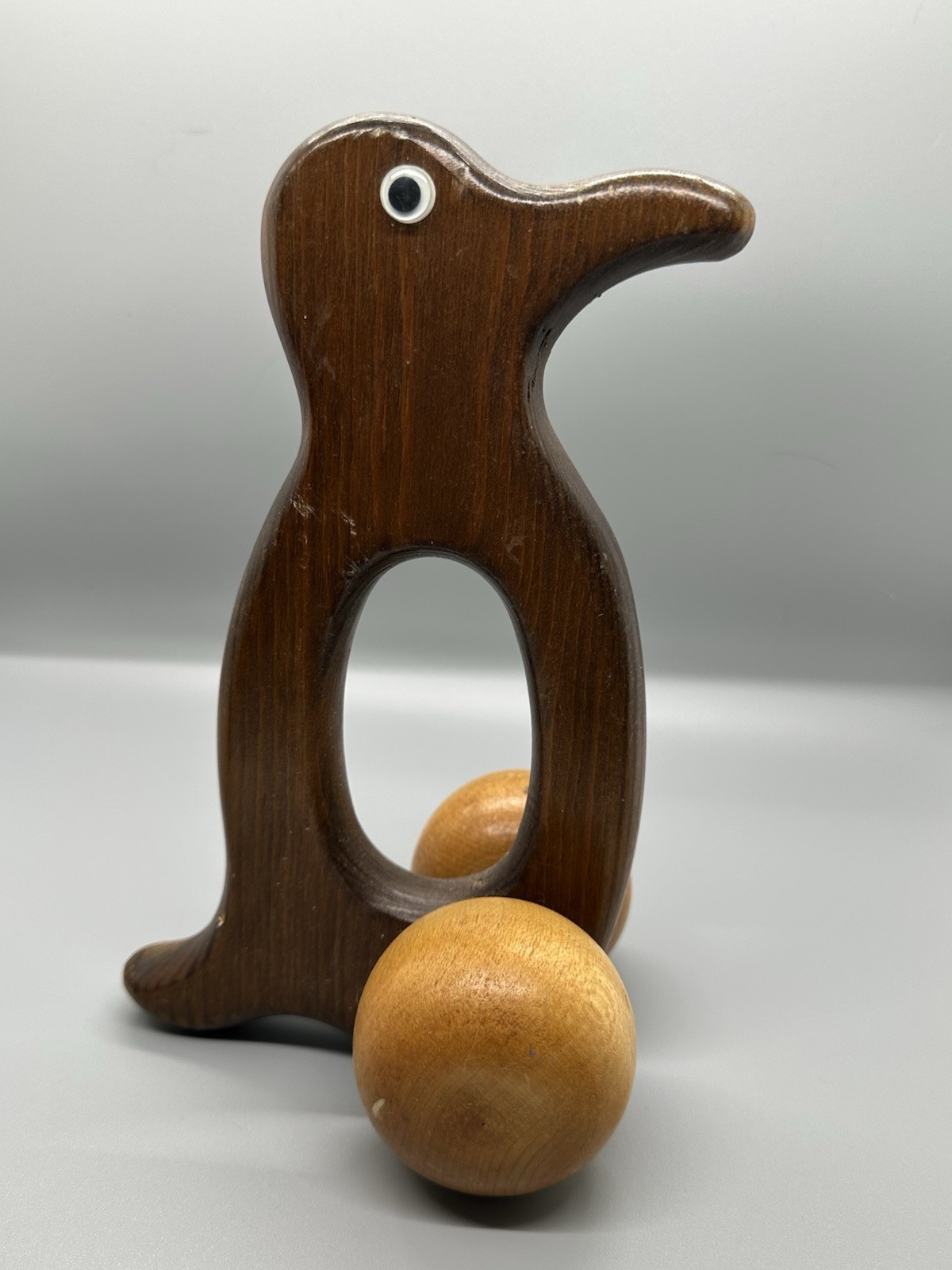 Vtg Wooden Back Massager Wheeled Penguin Pull Toy Wood