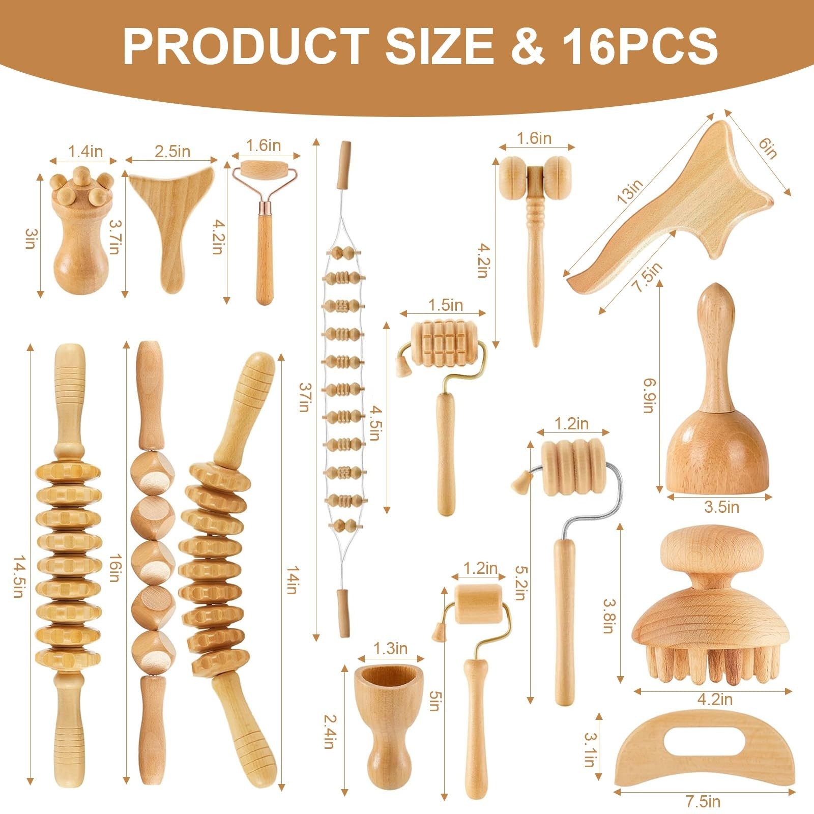16Pcs Wood Therapy Massage Tools Set, Gua Sha & Body Sculpting Kit, Lymphatic Dr