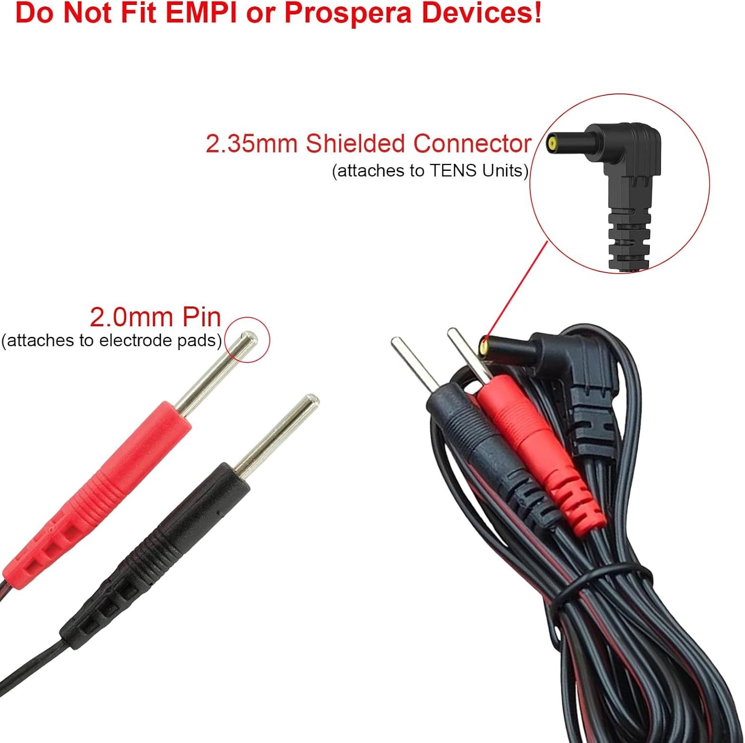 2-Pack TENS Unit Electrode Lead Wires 2.35mm Shielded Plug for TENS 7000, N