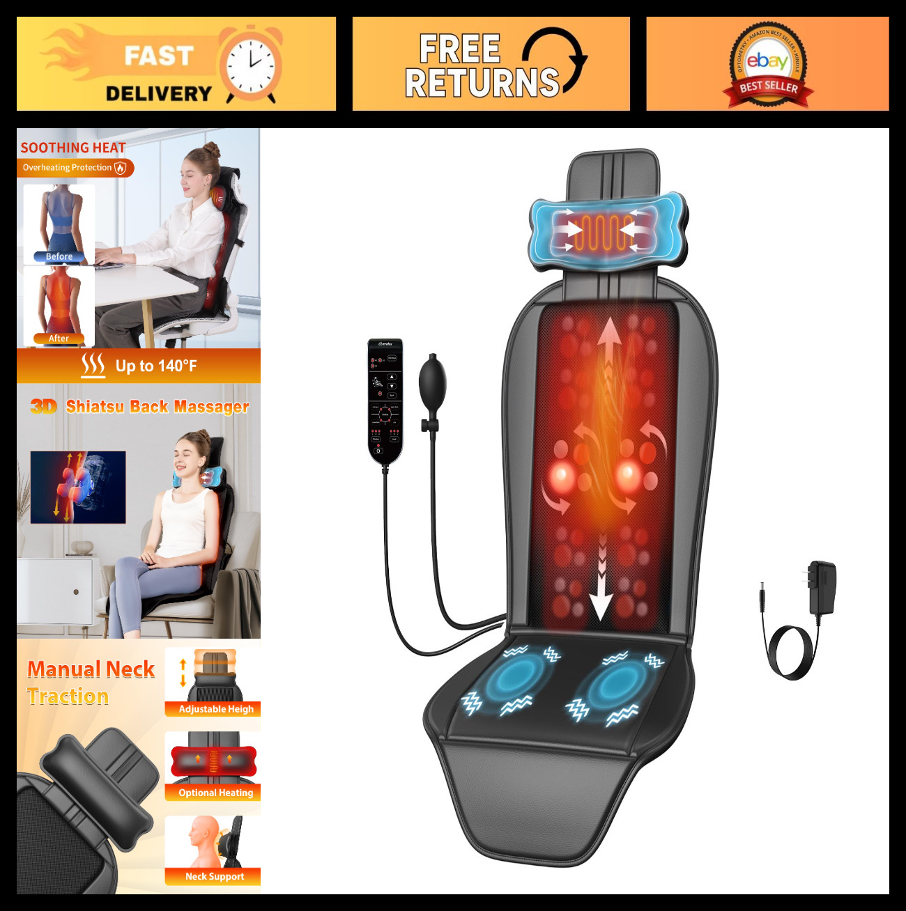 Shiatsu Back Massager with Heat | Full Back Massage Chair Pad & Neck Support for