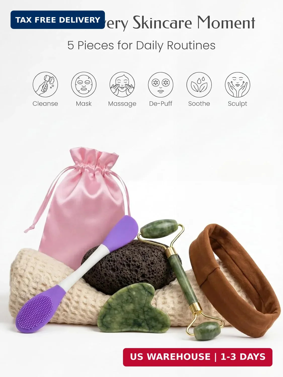 5PCS Face Roller & Gua Sha Facial Tools, Face Massage for Wrinkle Reduction & Pu