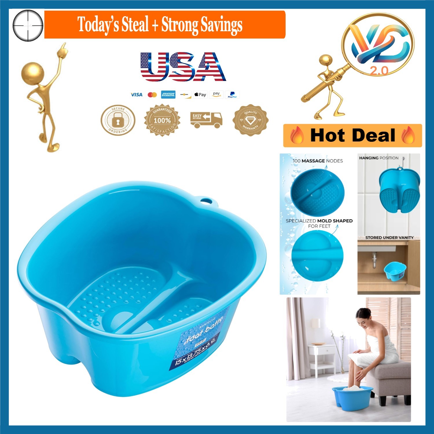 Extra Large Blue Foot Bath Basin for Pedicures, Plantar Fasciitis Relief