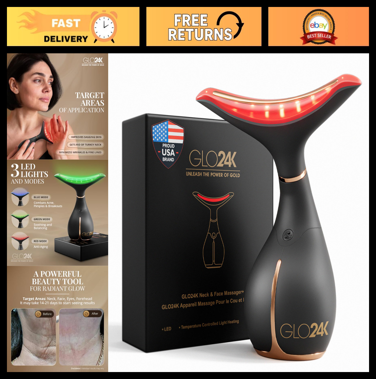 GLO24K Red Light Face & Neck Beauty Device – 3-in-1 Facial Massager Tool with LE
