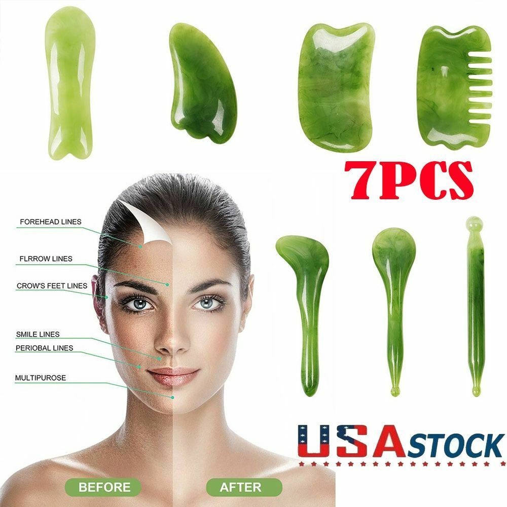 7PCS Gua Sha Natural Resin Quartz Stone Shape Facial Body Massage Board Tool Set