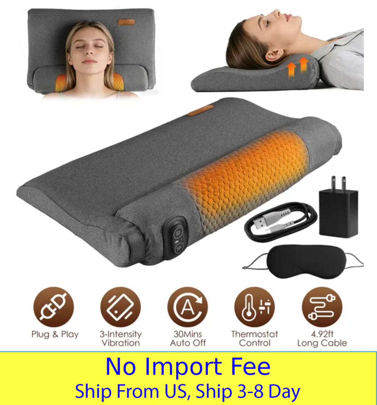 Neck Massager Pillow Memory Foam Ergonomic Heated Vibration Pain Relief USB