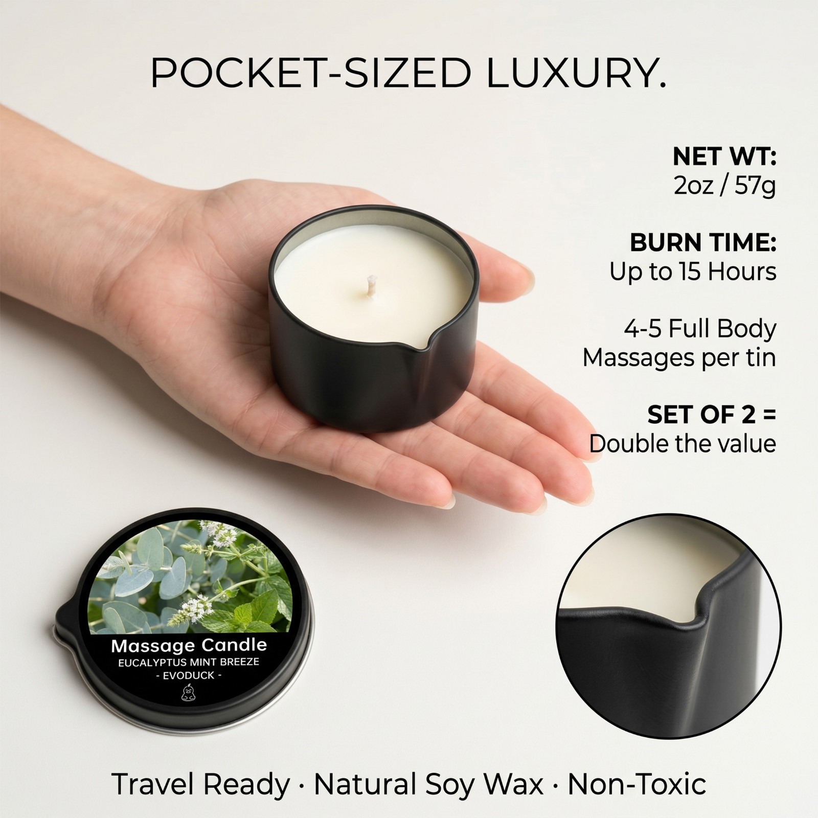 2 Pack Eucalyptus Mint Massage Candle 2oz Soy Body Oil Couples Spa Gift
