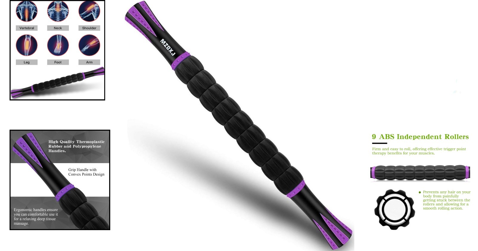 Ergonomic 18in Muscle Roller – Lymphatic & Myofascial Relief Tool, Purple Black