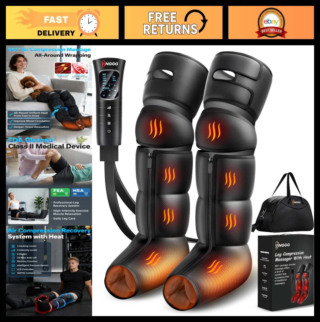 Leg Massager with Heat & Compression – Foot & Calf Massage Sleeve, 3 Heat Levels