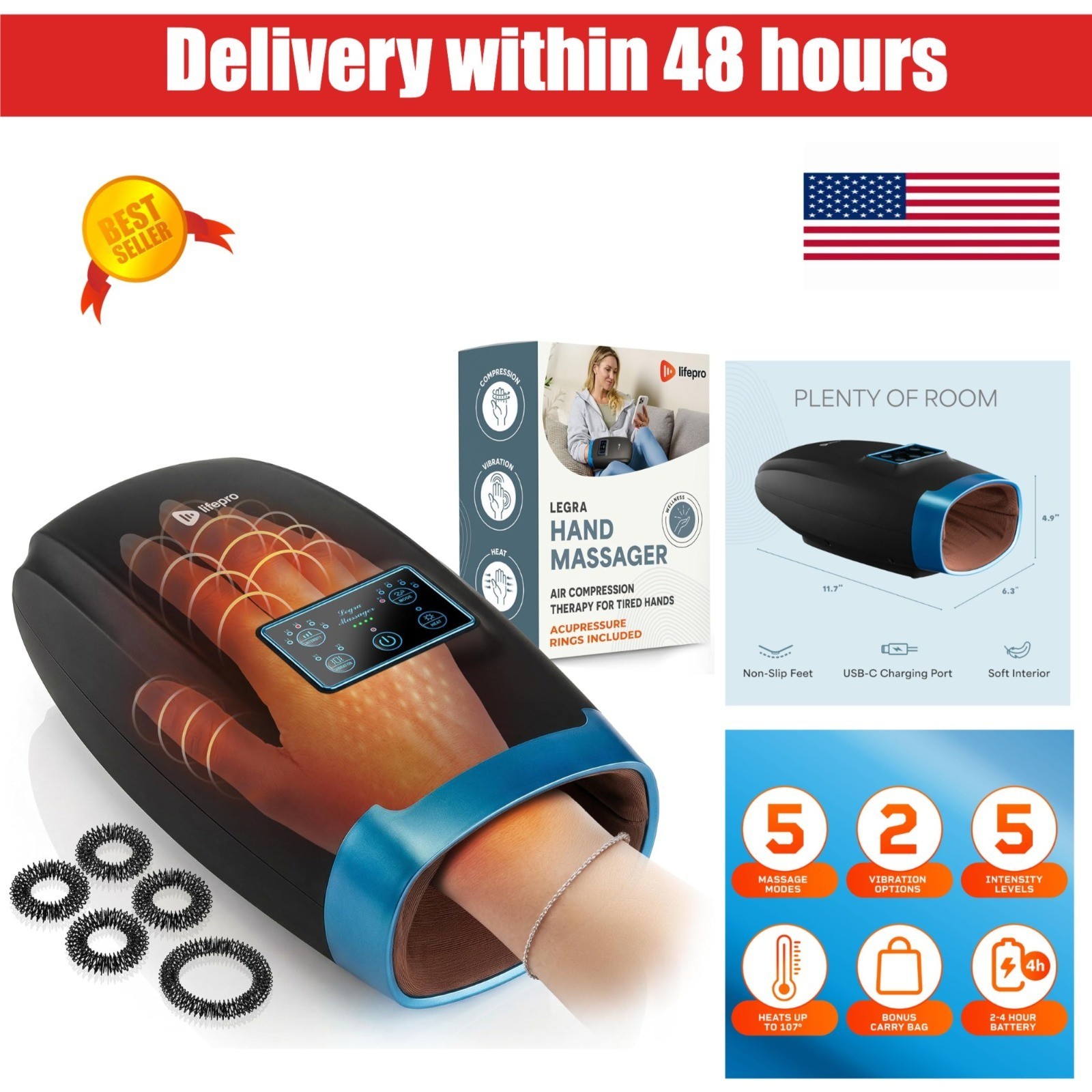 Lifepro Legra Hand Massager with Heat & Compression – Pain Relief