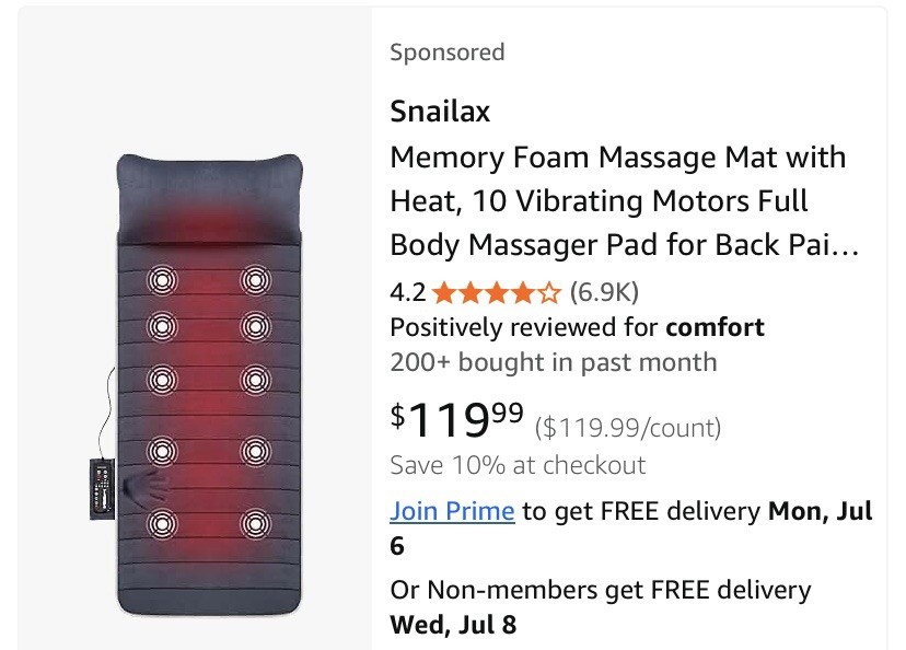 Snailax Memory Foam Vibrating Massage Mat Heat Remote Control Full Body Healing