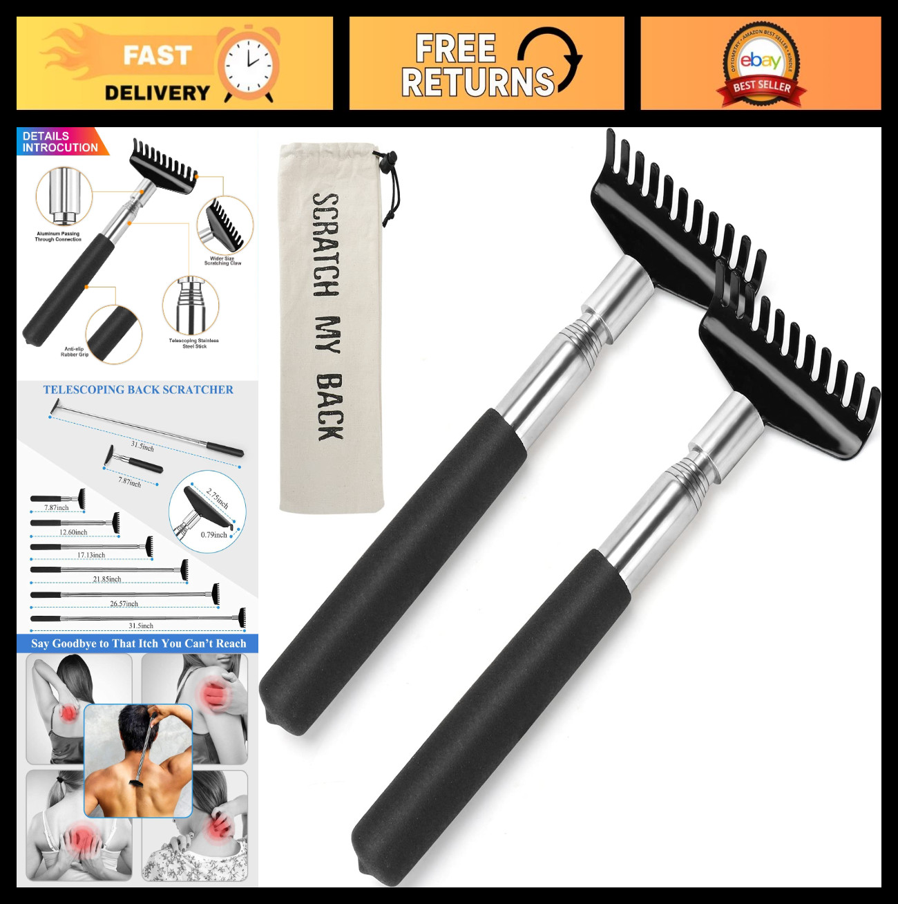 2 Pack Oversized Telescoping Back Scratcher – Metal Extendable Tool with Carry B