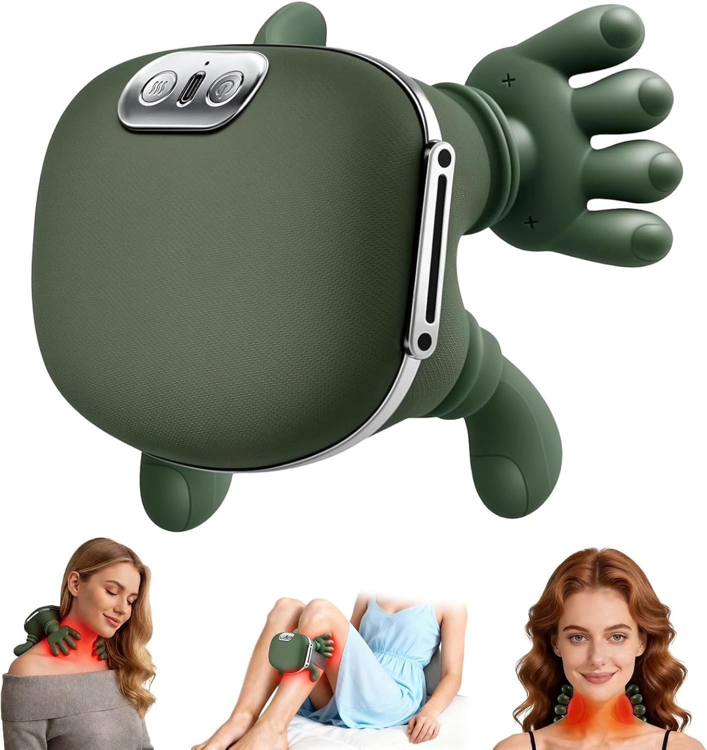Neck & Shoulder Kneading Massager w/ Heat, Portable Battery, Green, 2 Heads