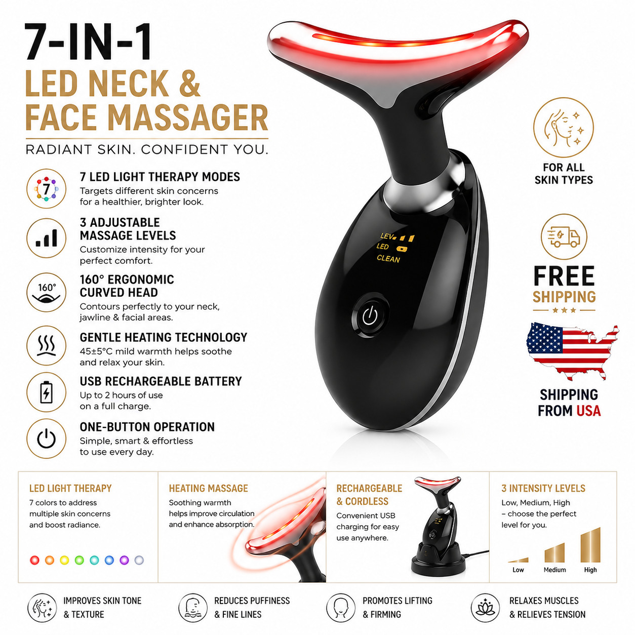 7-in-1 LED Face & Neck Massager Skin Care Device Anti-Aging Beauty Tool Home