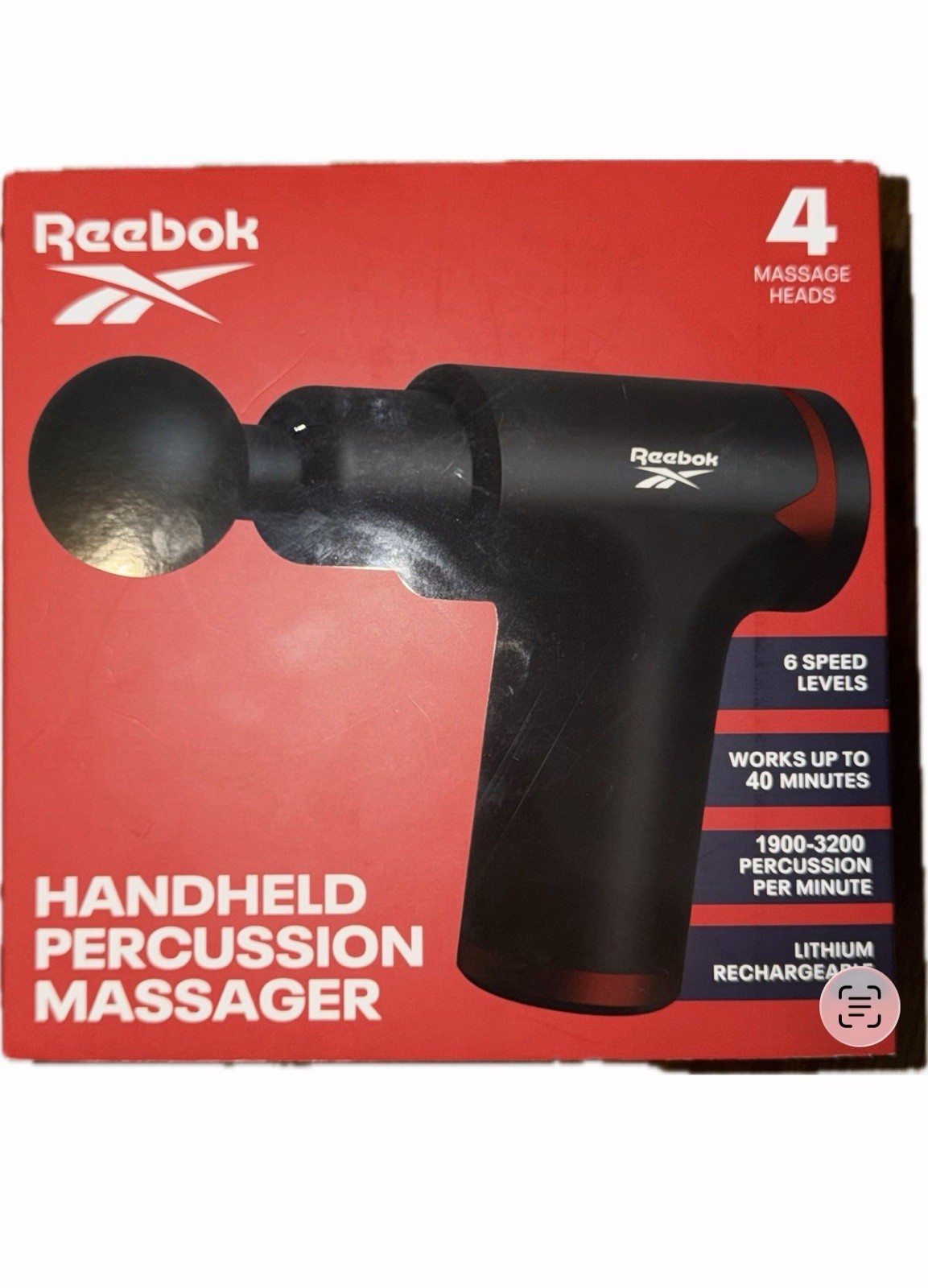 Reebok Handheld Percussion Massager, 4 Heads, 6-Speed, USB-C Rechargeable