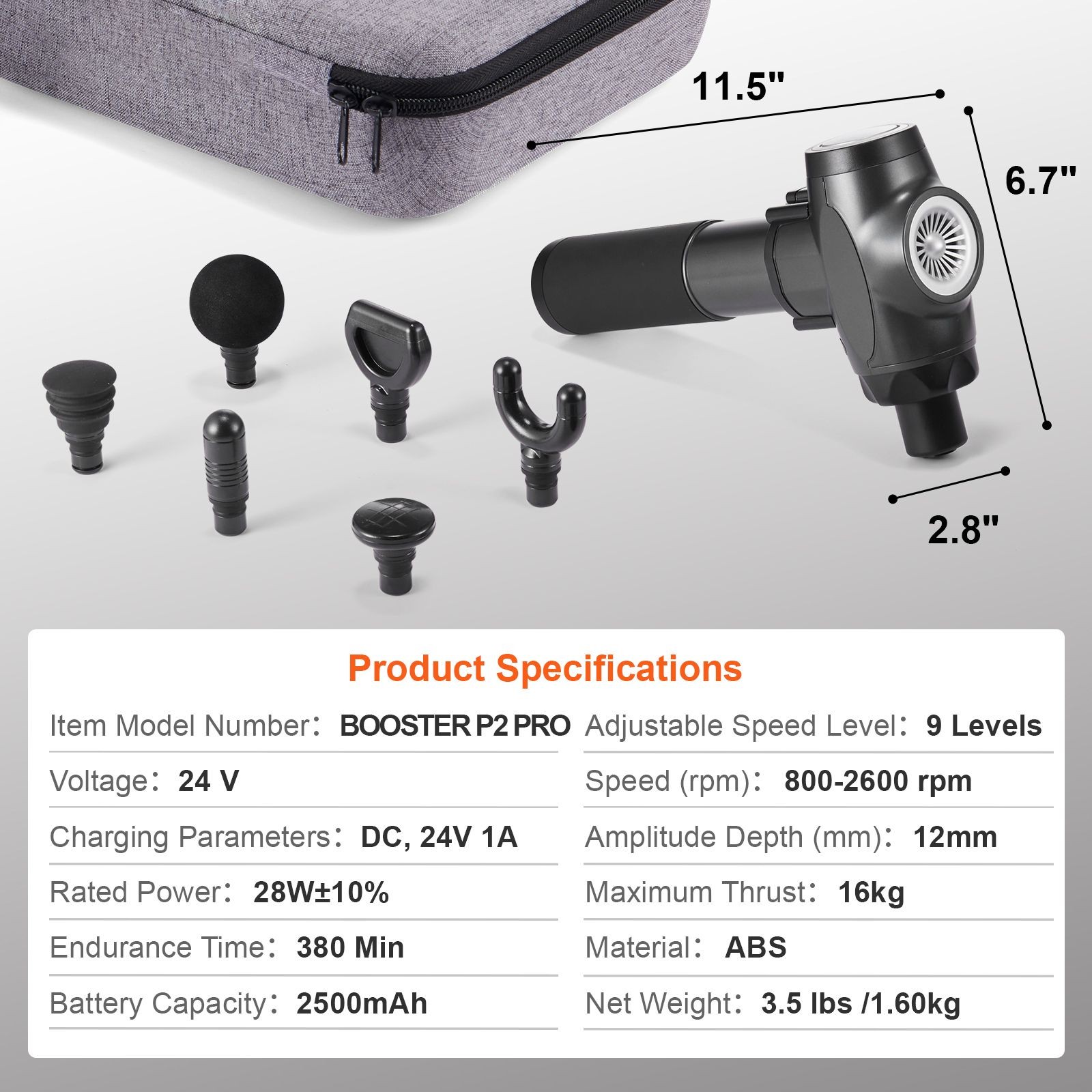 Massage Gun Deep Tissue with 9 Speed Levels & 6 Massage Heads, 24V 2500mAh