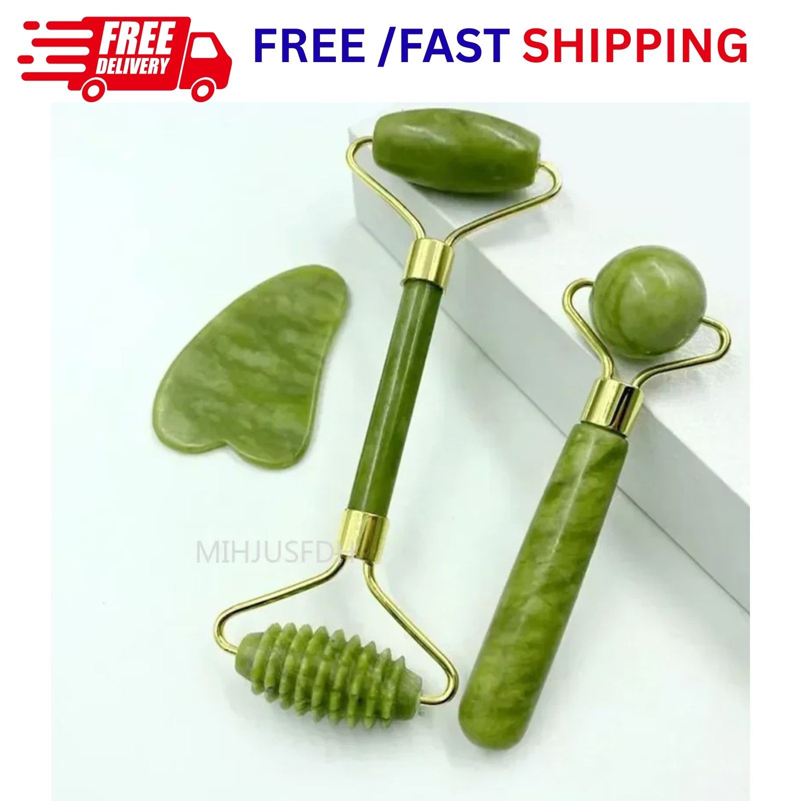 3pcs Natural Jade Roller Face Massager & Gua Sha Tool Anti Aging Skin Care