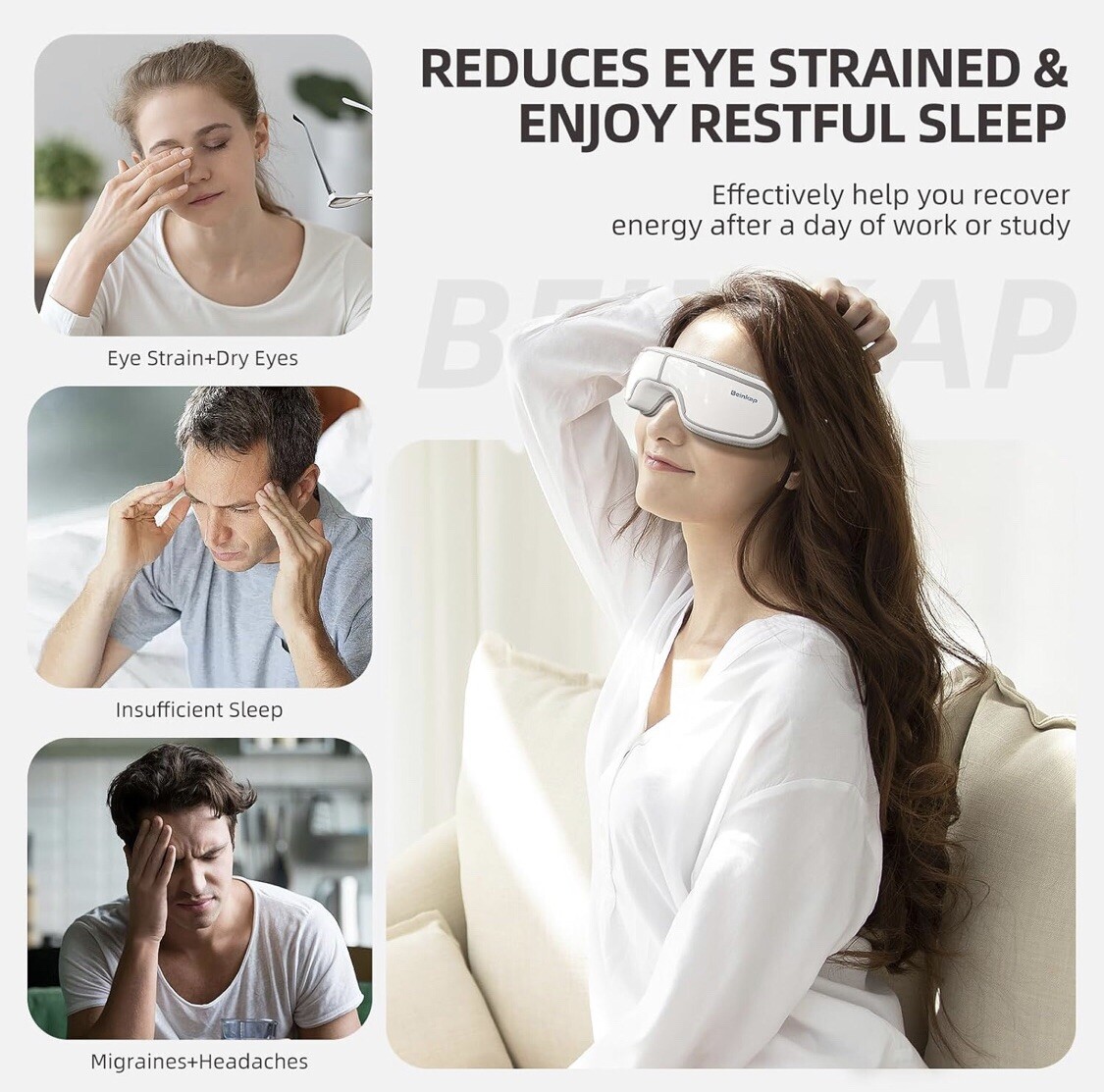 Eye Massager wHeat Vibration Compress Migraine White Improves Sleep Beinkap New