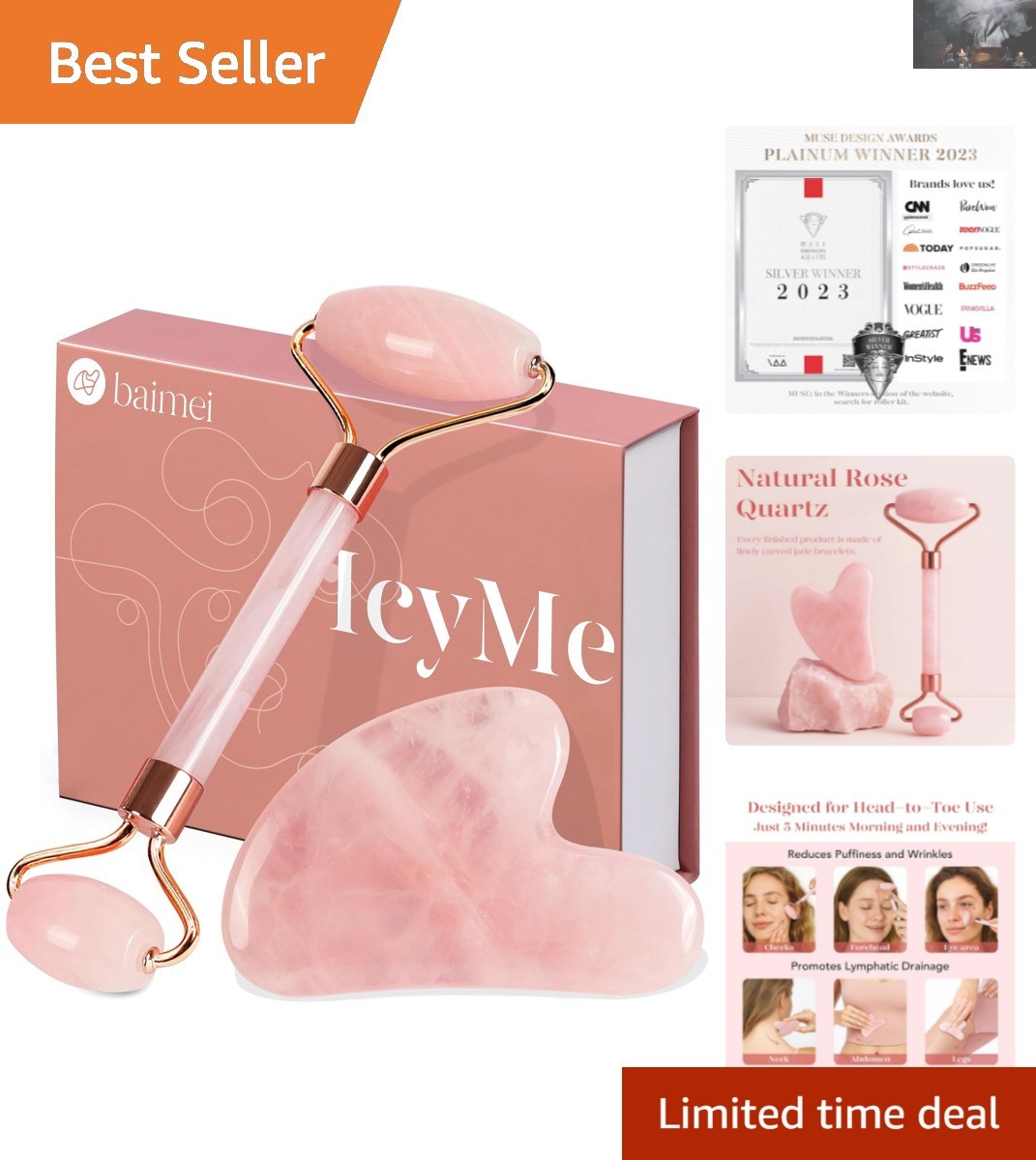 Elegant Rose Quartz Massager Set – Jade Roller & Gua Sha for All Skin
