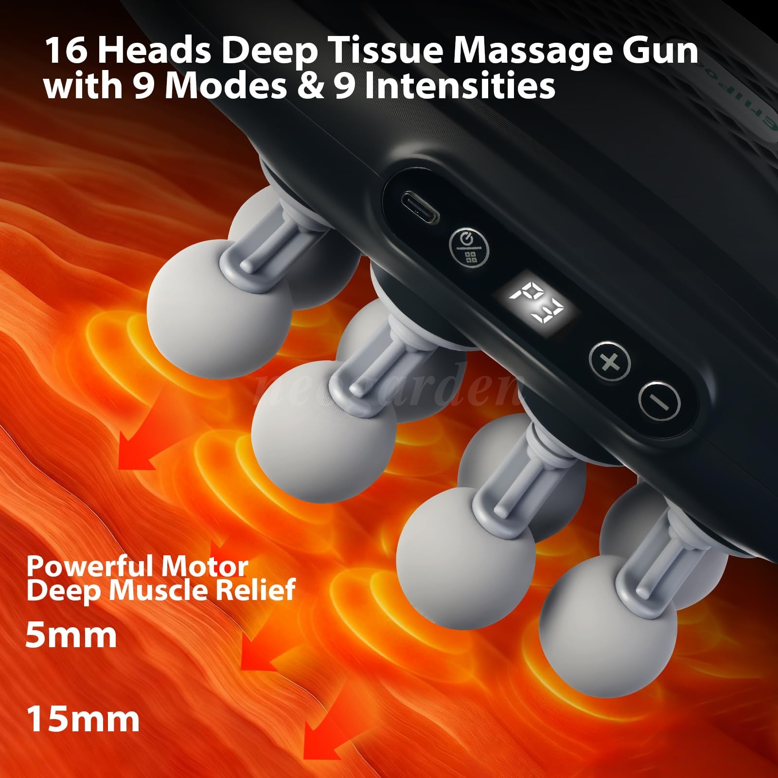 16 Head Massage Gun Deep Tissue Massager 9 Modes 2000mAH Muscle Relax