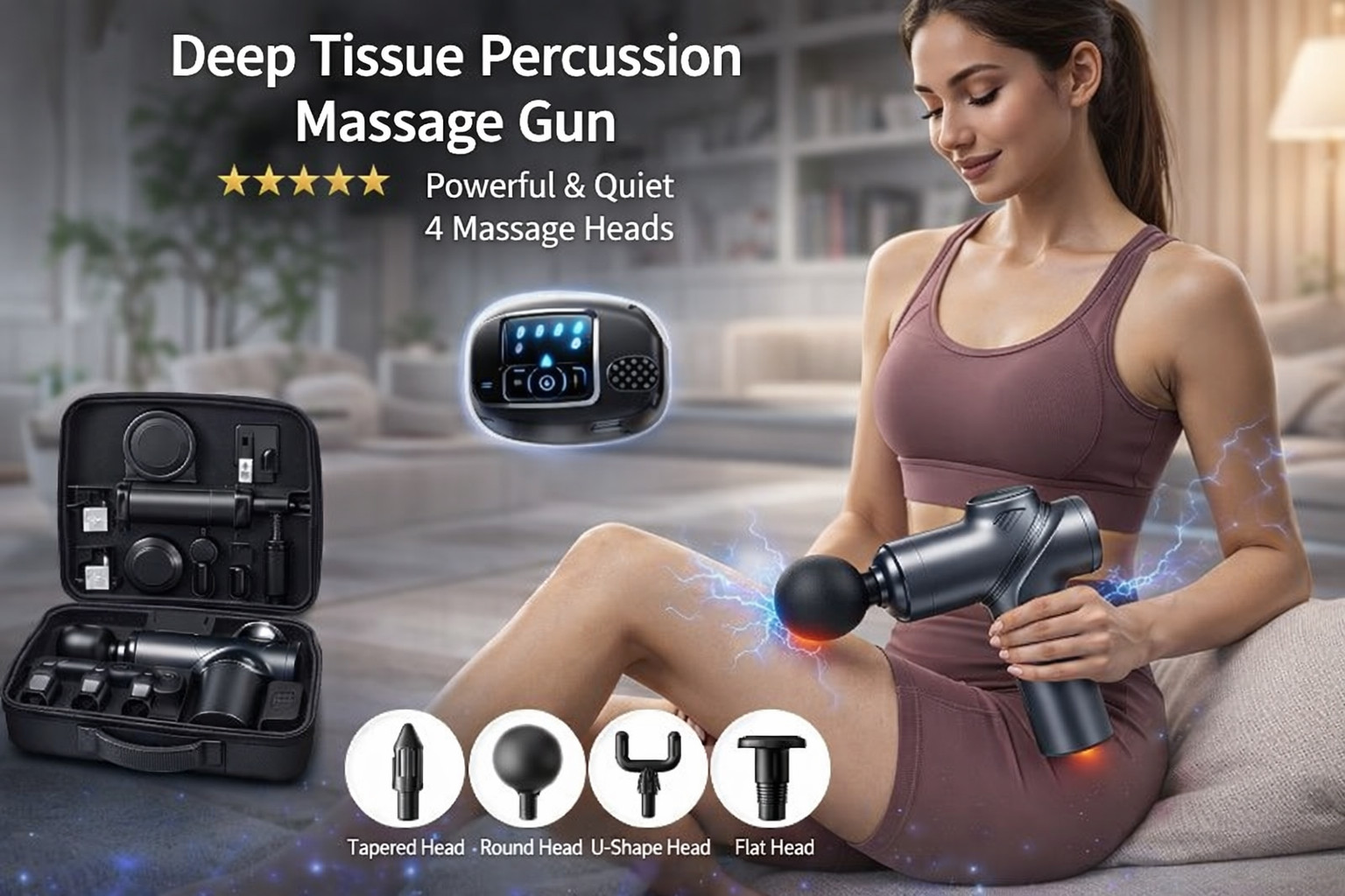 Massage Gun Deep Tissue, Silent Brushless Motor and Portable Massage Gun with 4