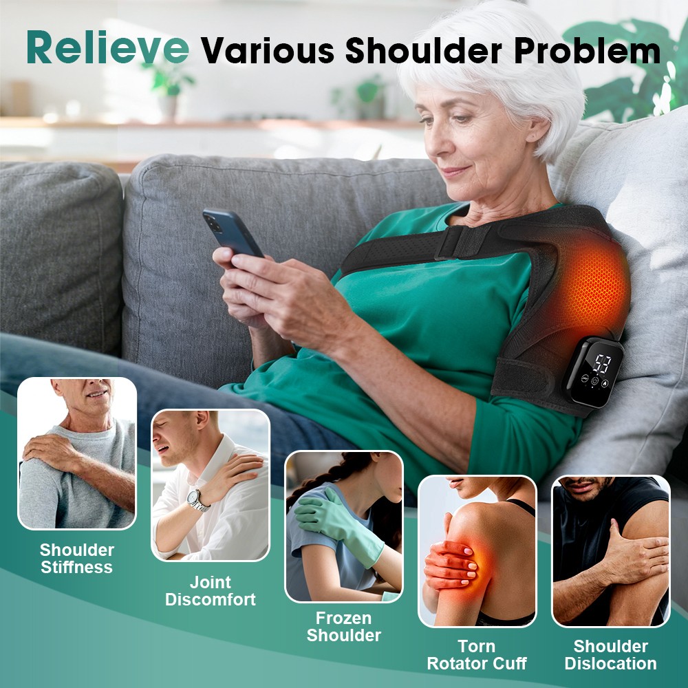 Cordless Shoulder Massager Pain Relief with 3 Vibration Modes, 3 Heating Levels