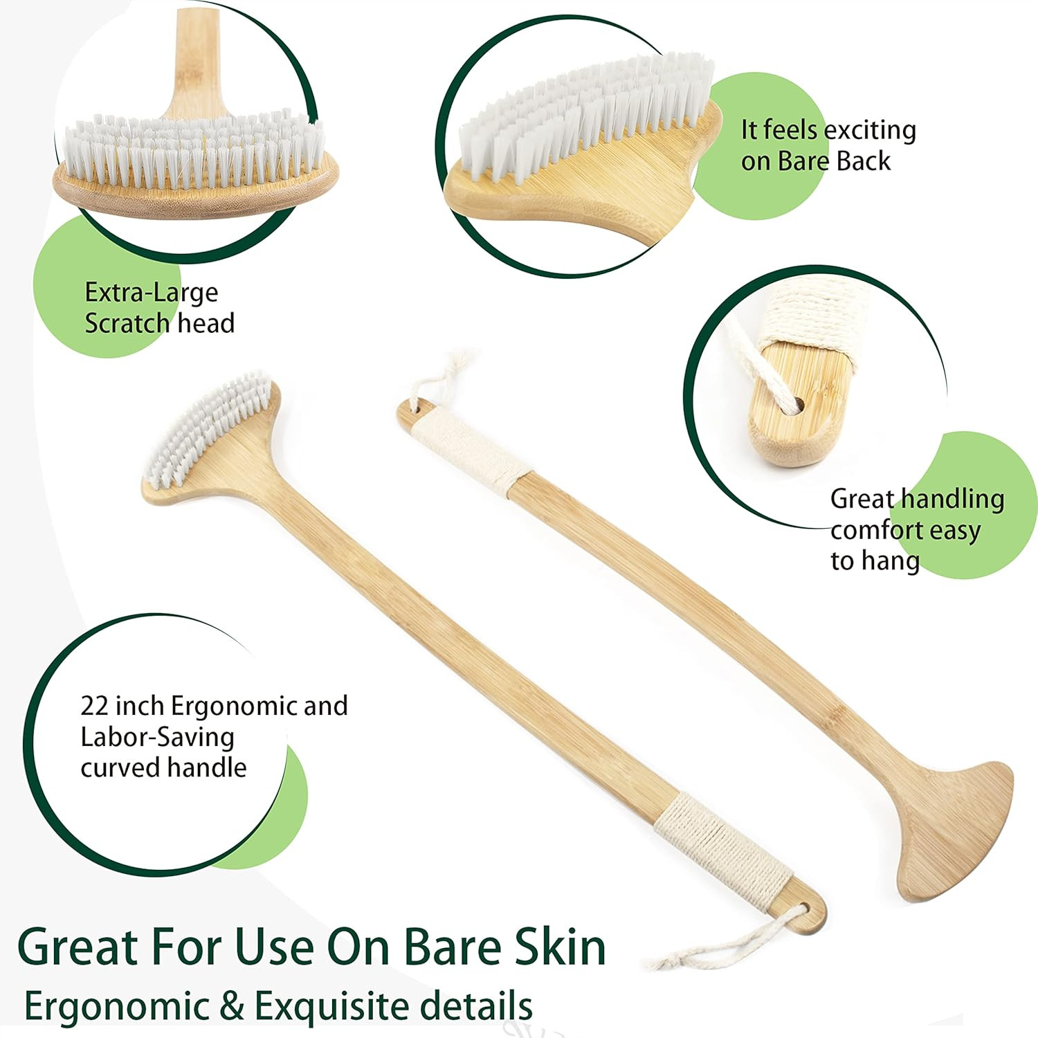Bamboo Back Scratcher, 22» Extra Long Curved Handle Reach Back Easily, Wide Bru
