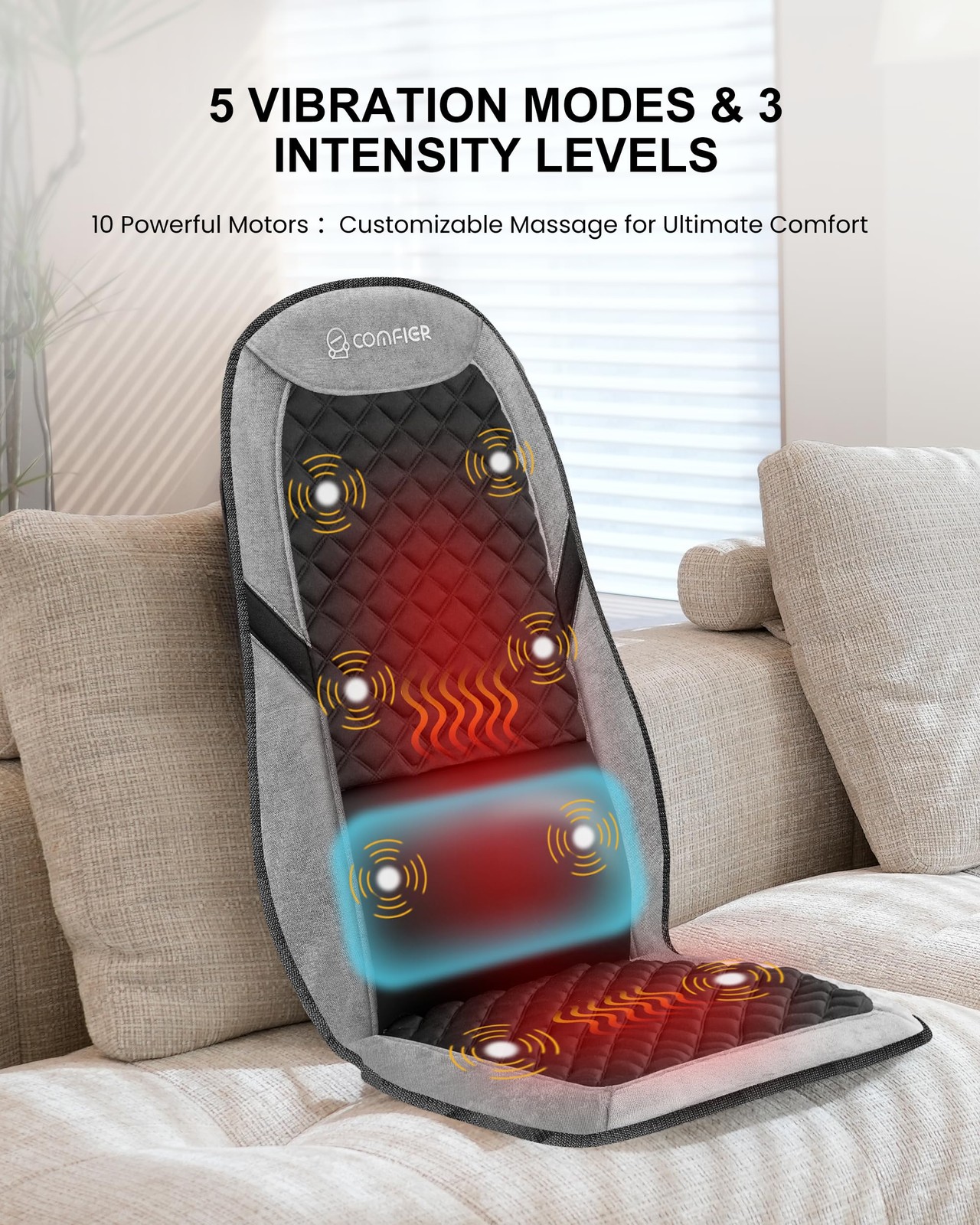 COMFIER Back Massager with Heat, Massage Seat Cushion for Chair Grey Black