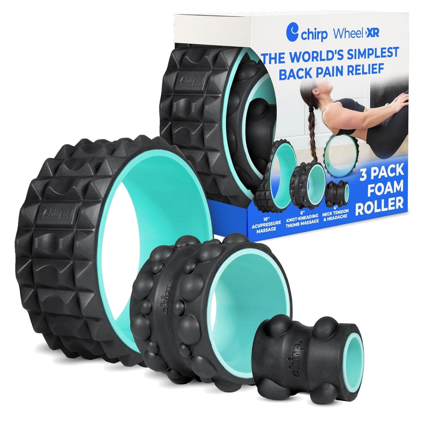 Mint 3-Pack Massage Rollers – 10” Acupressure, 6” Knee-Kneading, 4” Neck Relief