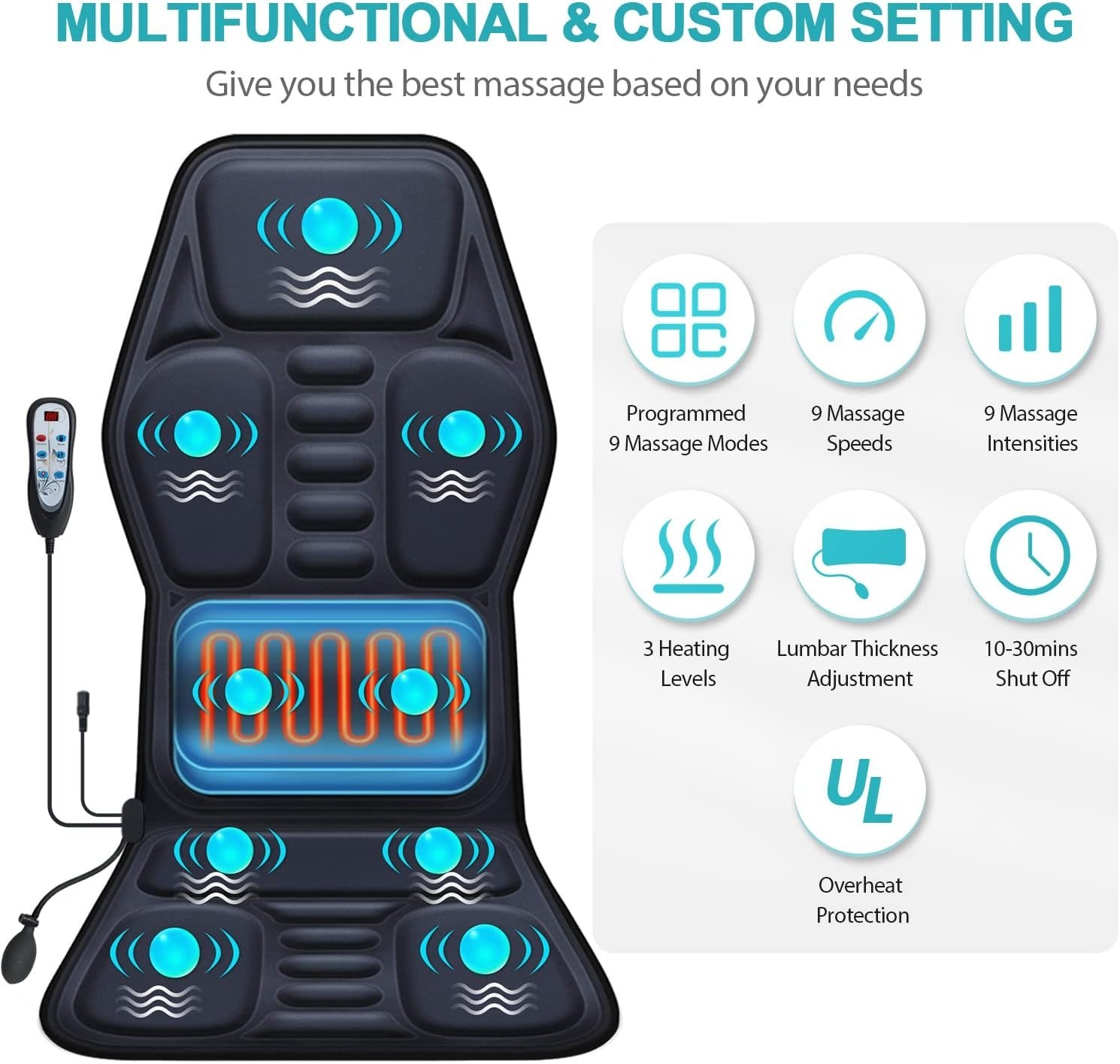 Massage Seat Cushion with Heat, 9 Modes, Lumbar Support for Home/Office