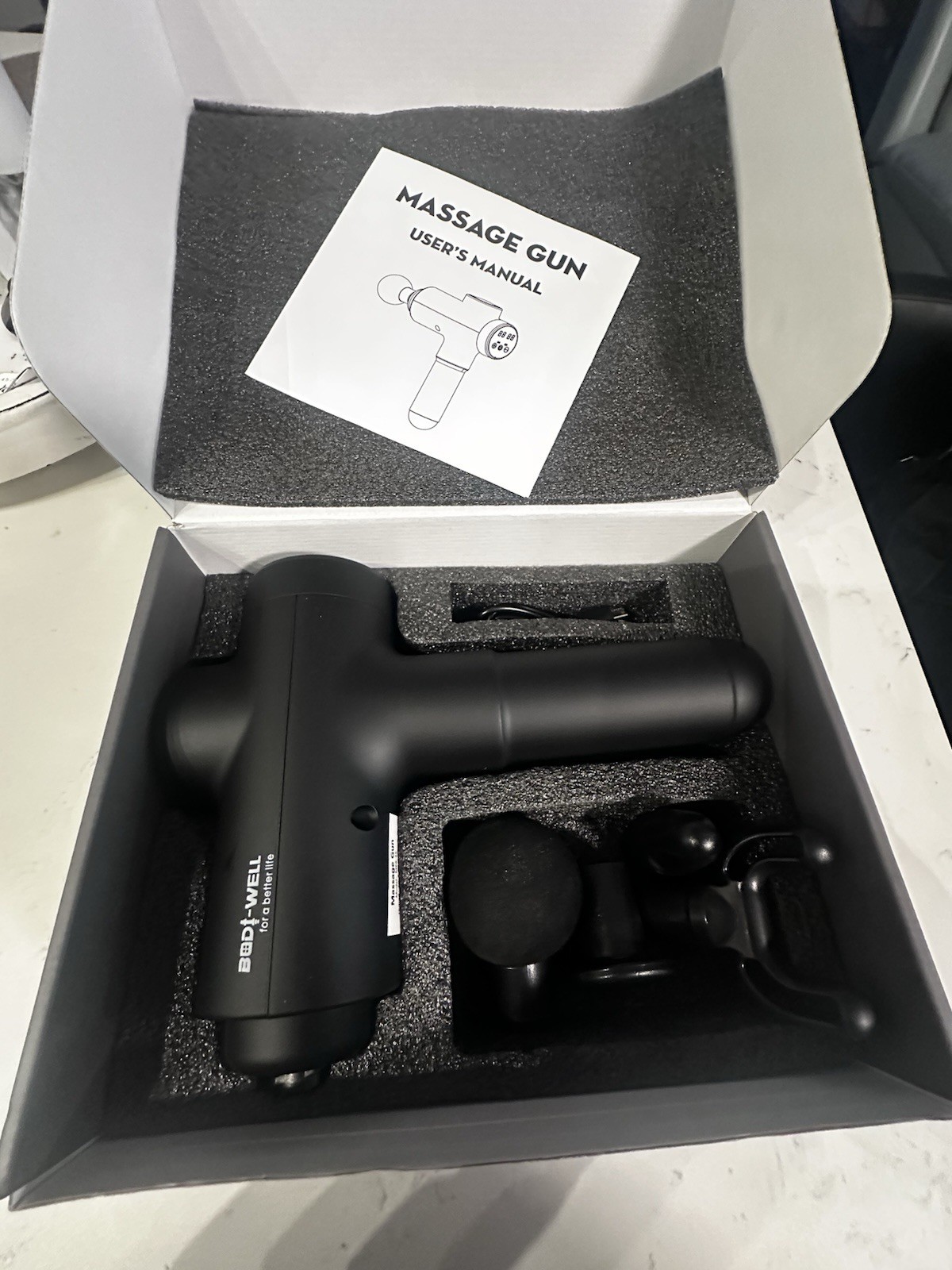 Bodi-Well Muscle Massager Massage Gun Cordless Rechargeable Black 4 Heads
