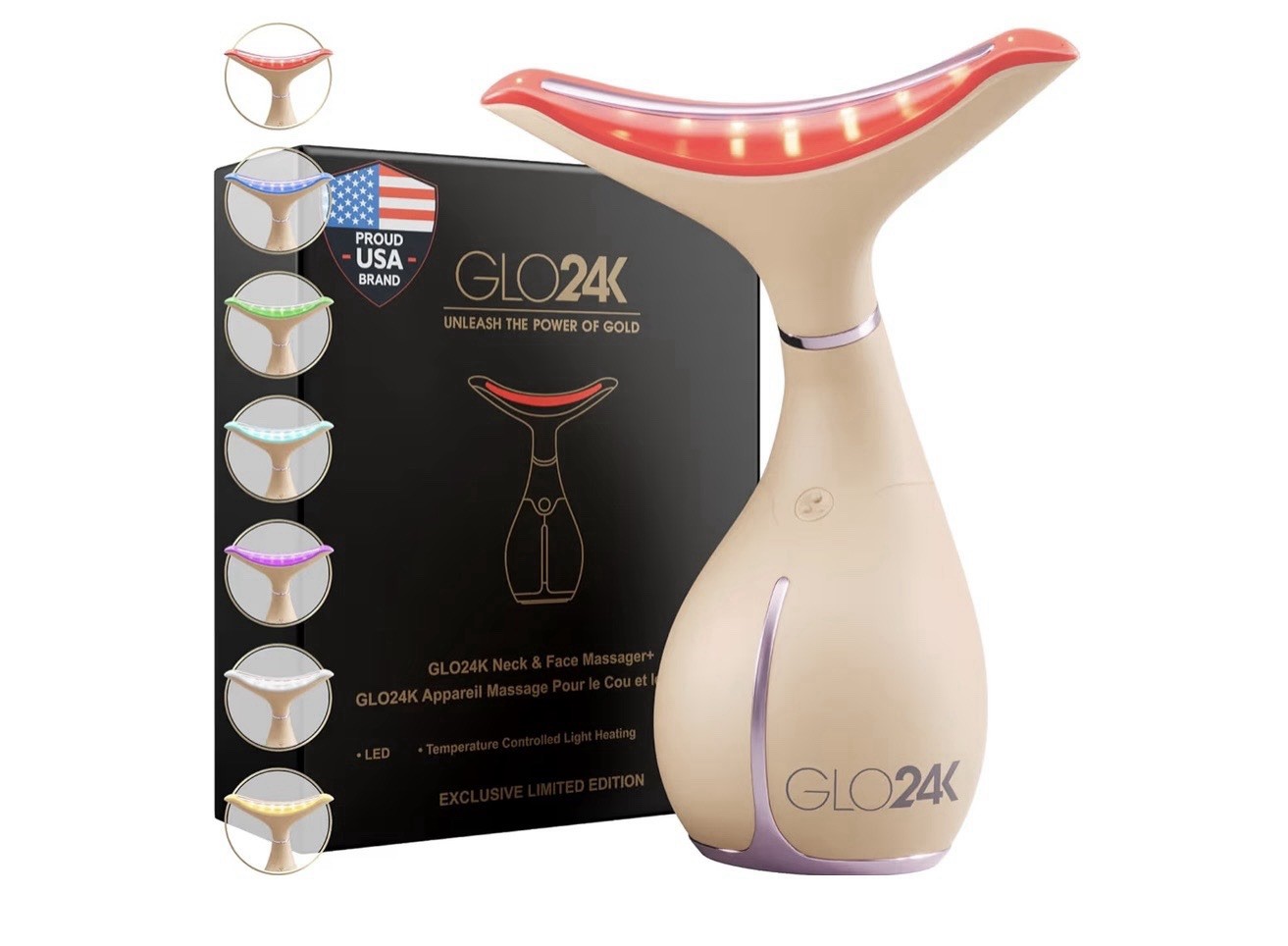 GLO24K Neck & Face Massager+ Heated Rechargeable USB, 7 LED, Eyes/Forehead